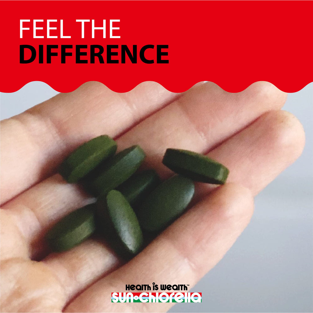 Sun Chlorella 500mg glass with tablet ready to mix daily.