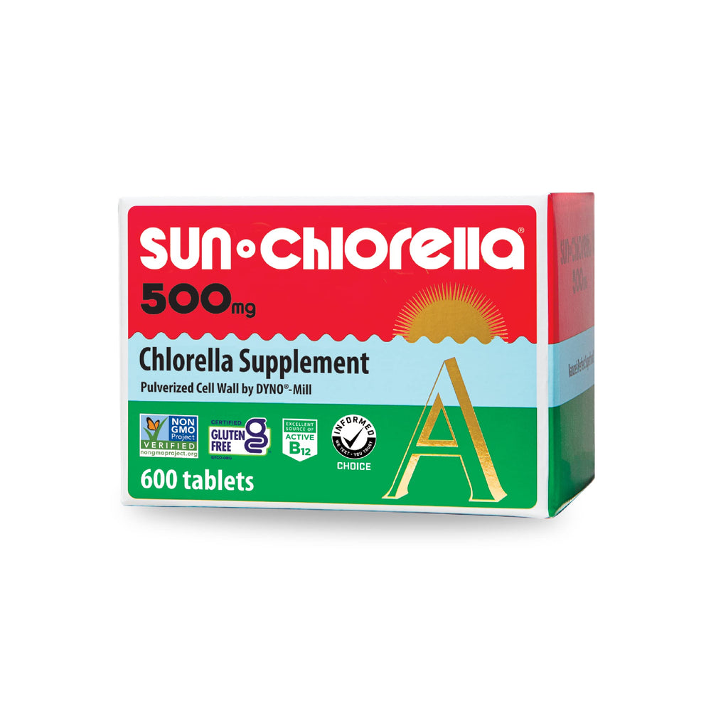 Sun Chlorella 500mg tablet bottle for convenient daily greens nutrition.