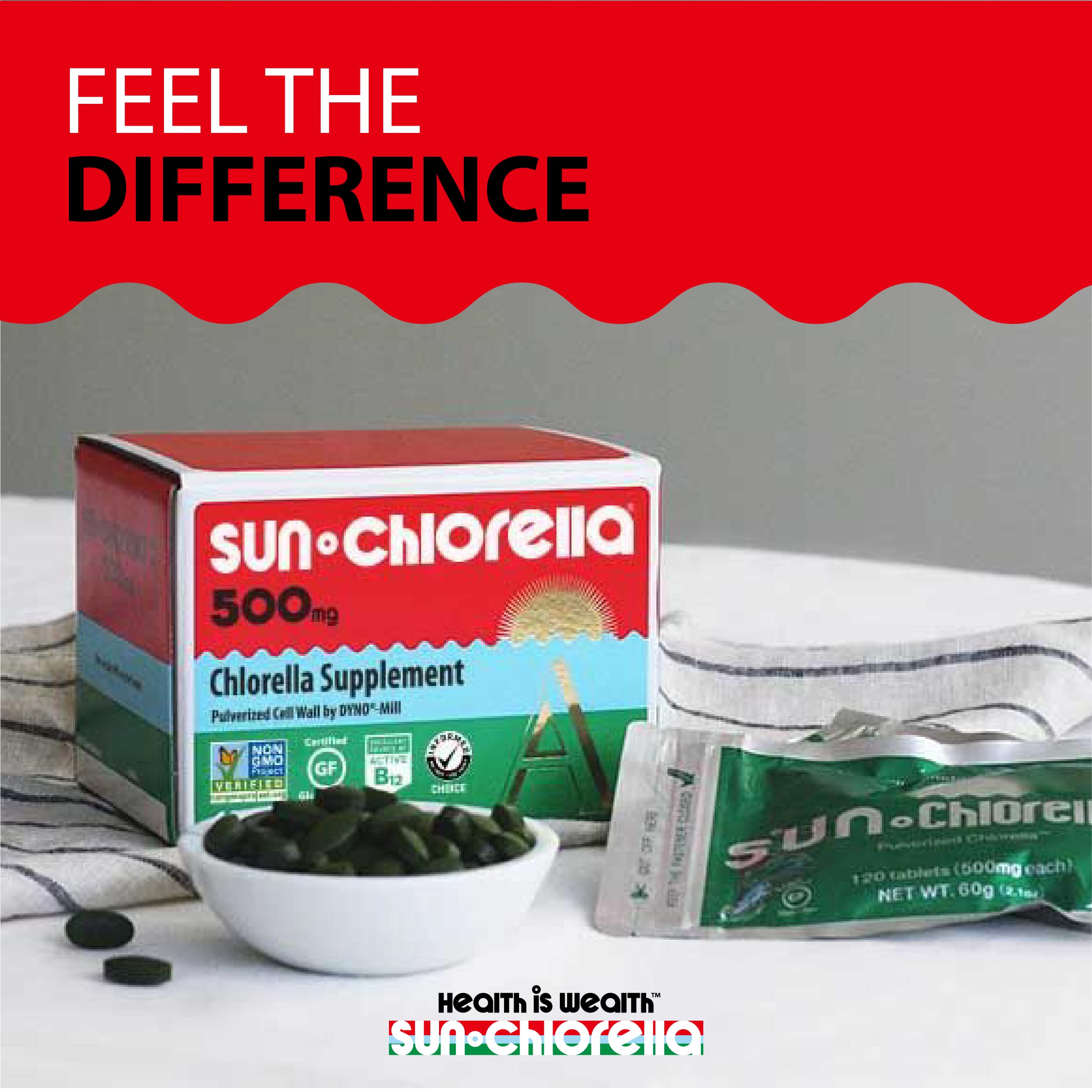 Sun Chlorella bottle on a kitchen counter highlighting home use.