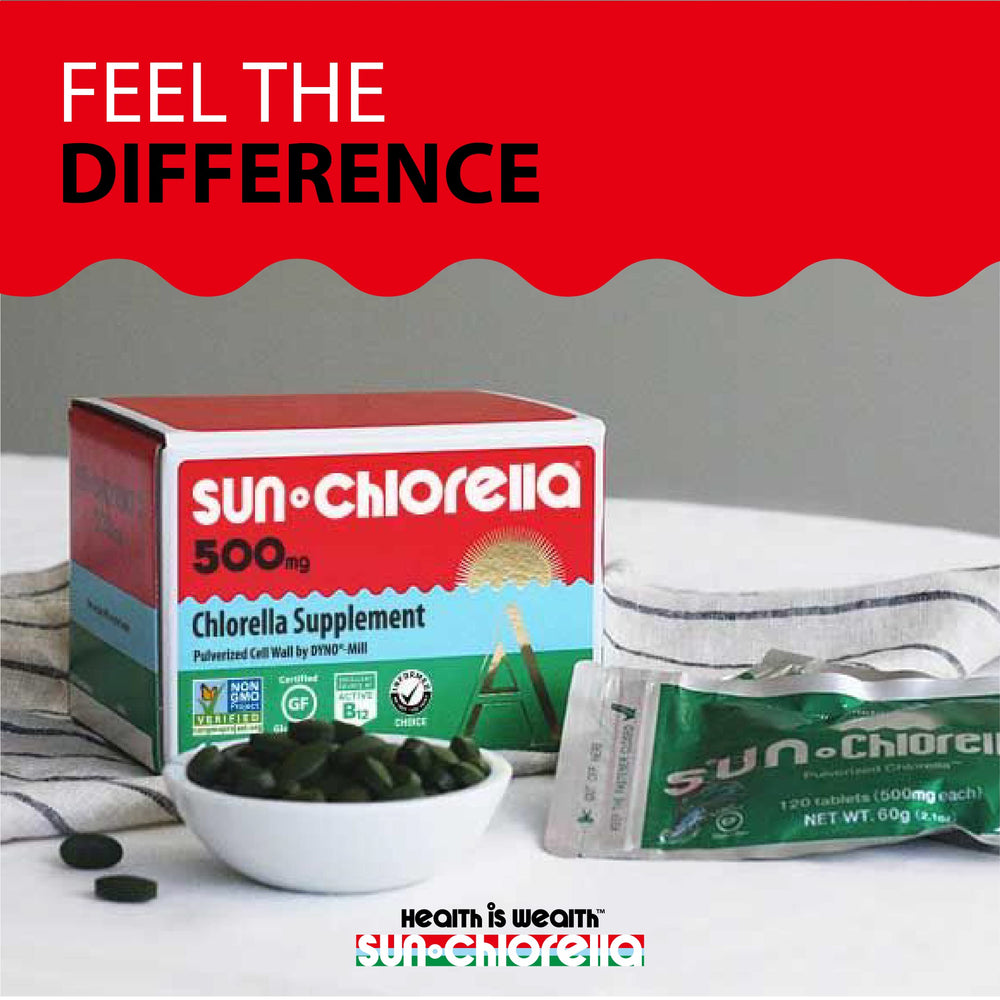 Sun Chlorella bottle on a kitchen counter highlighting home use.