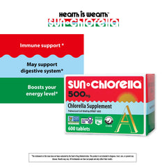 Sun Chlorella bottle pouring out tablets for on-the-go use.