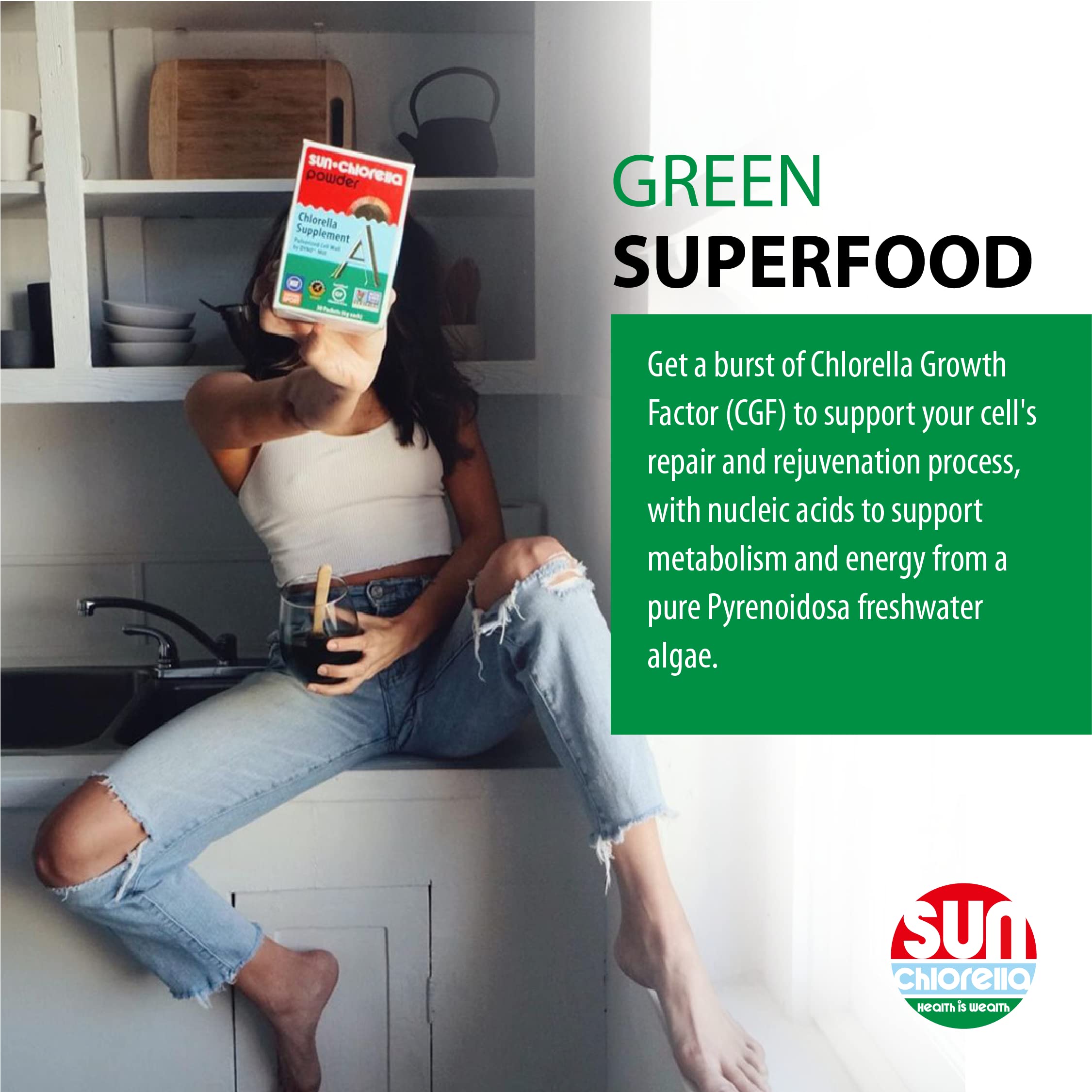 Sun Chlorella pulverized cell-wall demonstrates easy nutrient access.