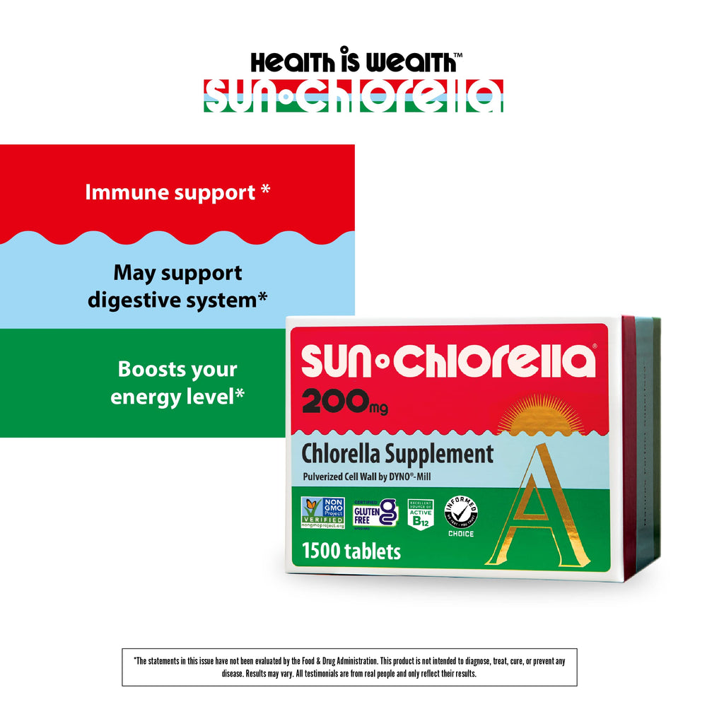 Sun Chlorella pulverized cell wall tablet designed for easier absorption.