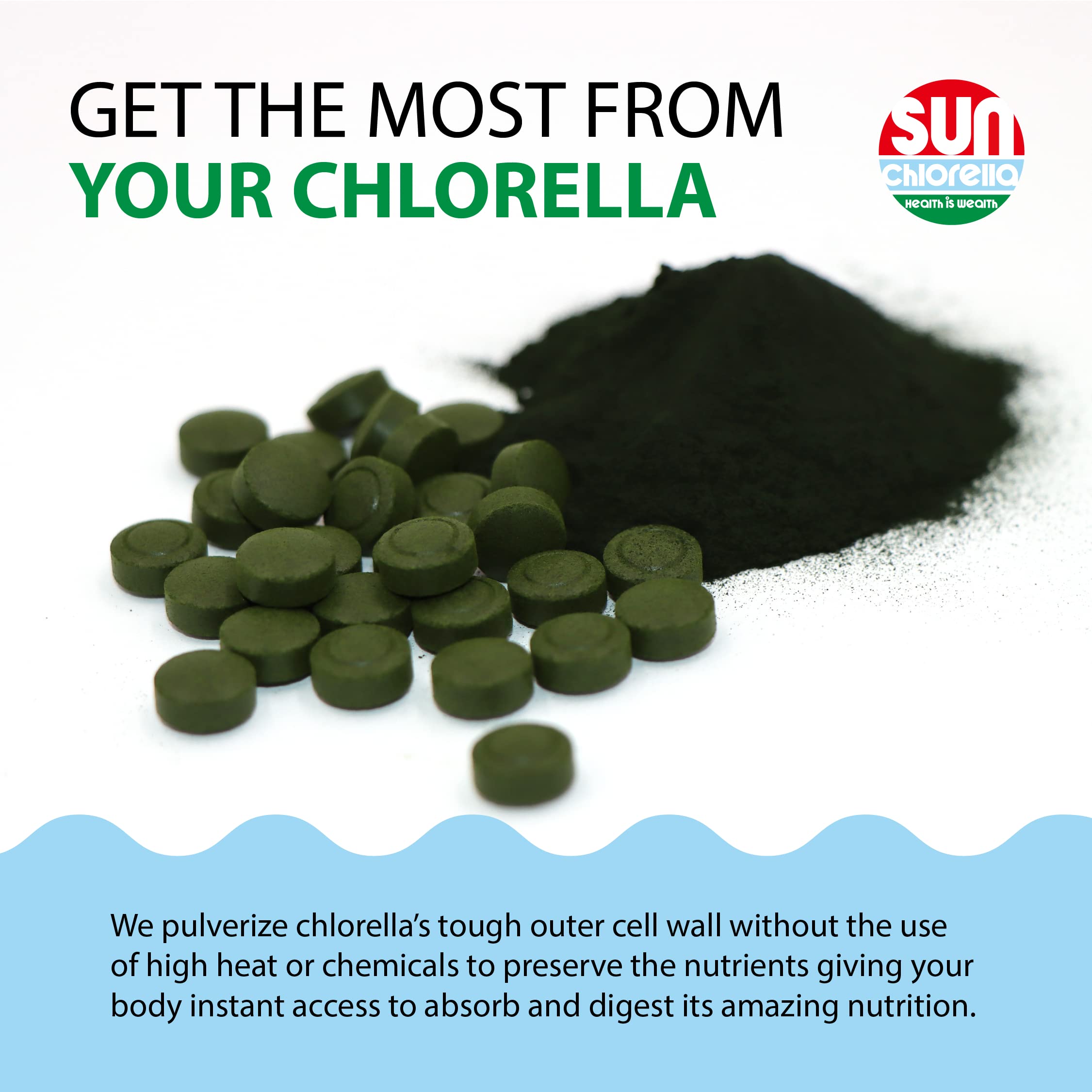Sun Chlorella tablets held in hand for portable wellness.