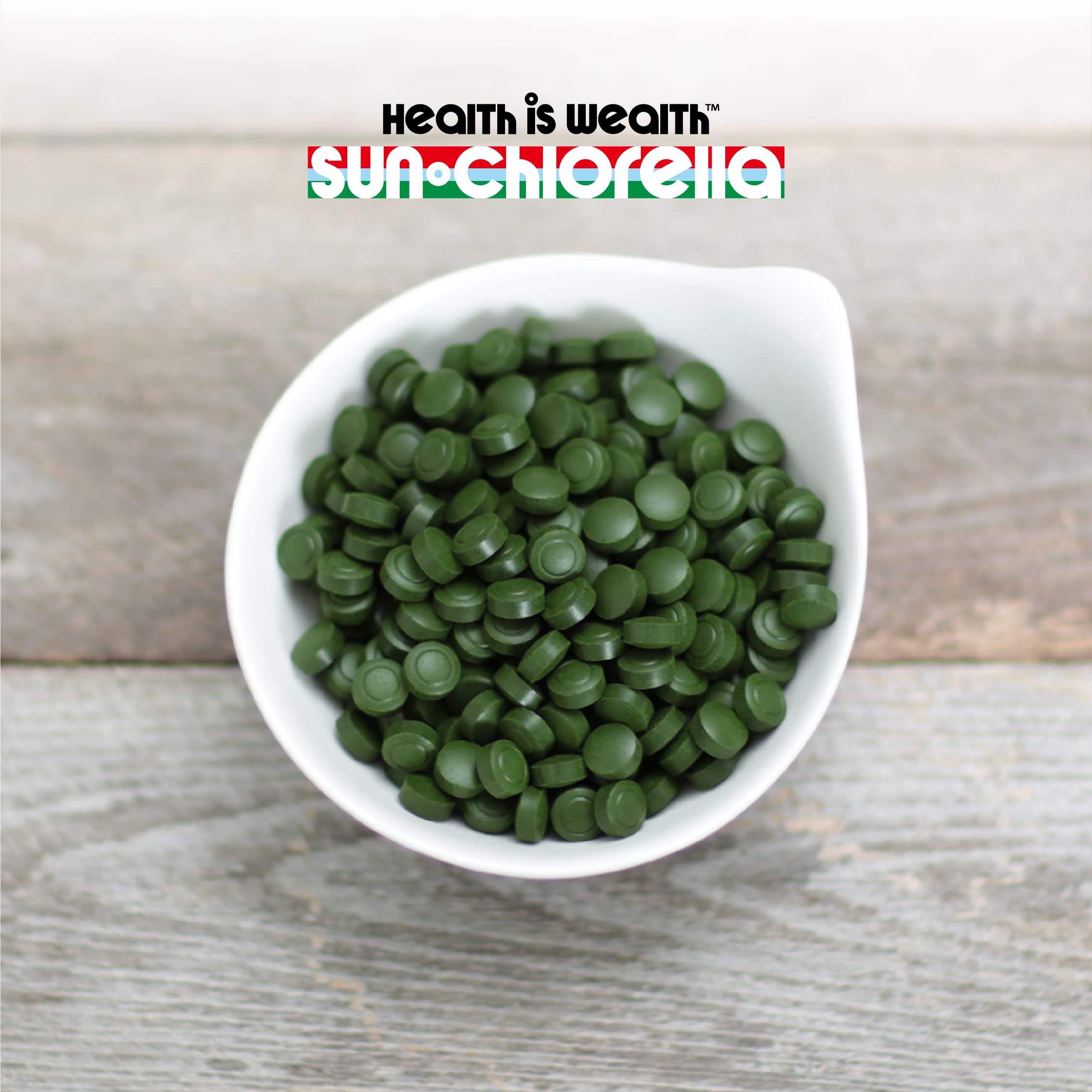 Sun Chlorella third-party testing badge on packaging ensures purity.