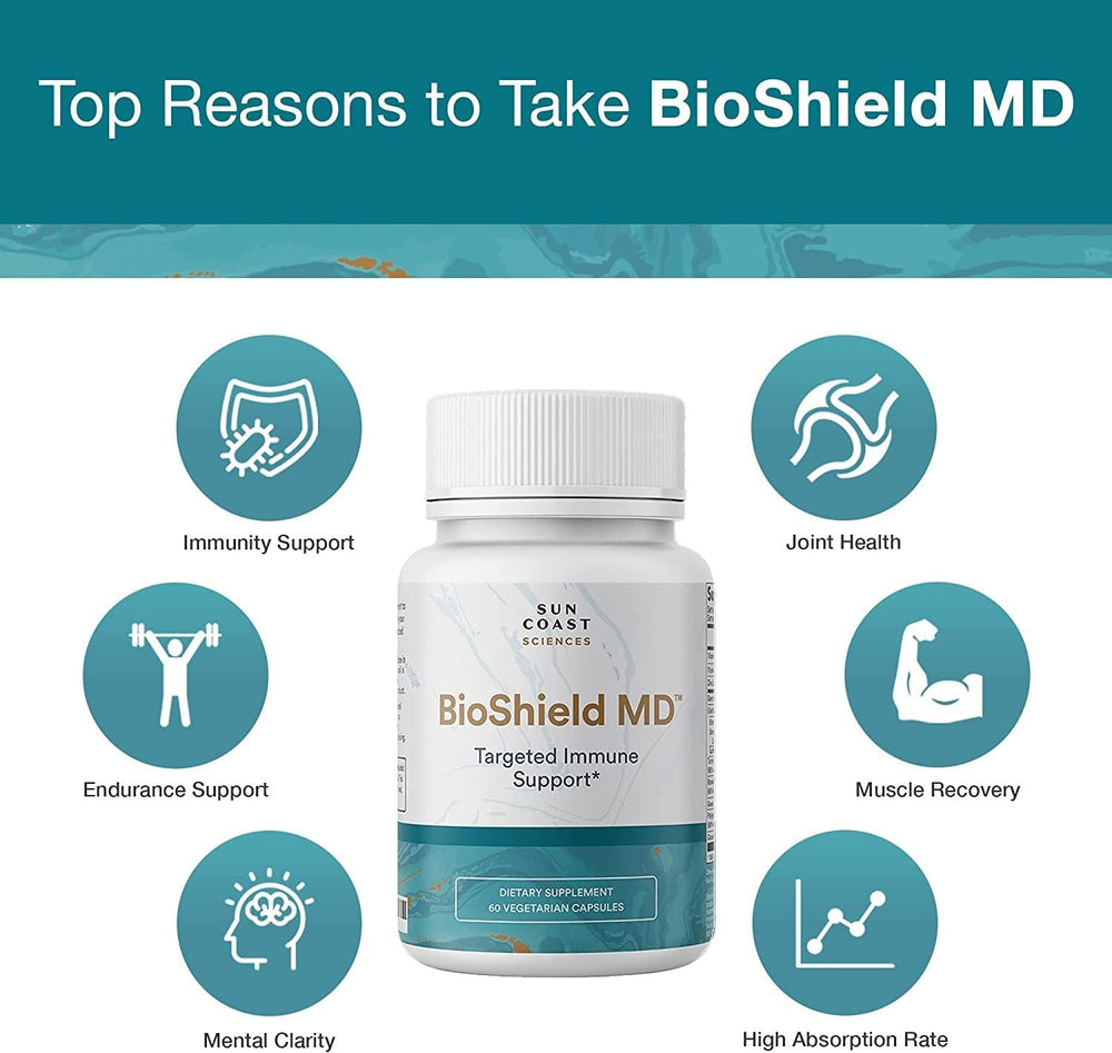 Sun Coast Sciences BioShield MD bottle side label highlighting vitamin C, D, zinc benefits