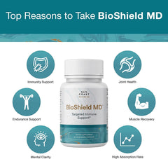 Sun Coast Sciences BioShield MD bottle side label highlighting vitamin C, D, zinc benefits