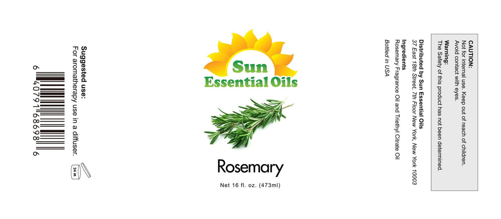 Sun Essential Oils rosemary label highlights 16 oz bottle for bulk aromatherapy.