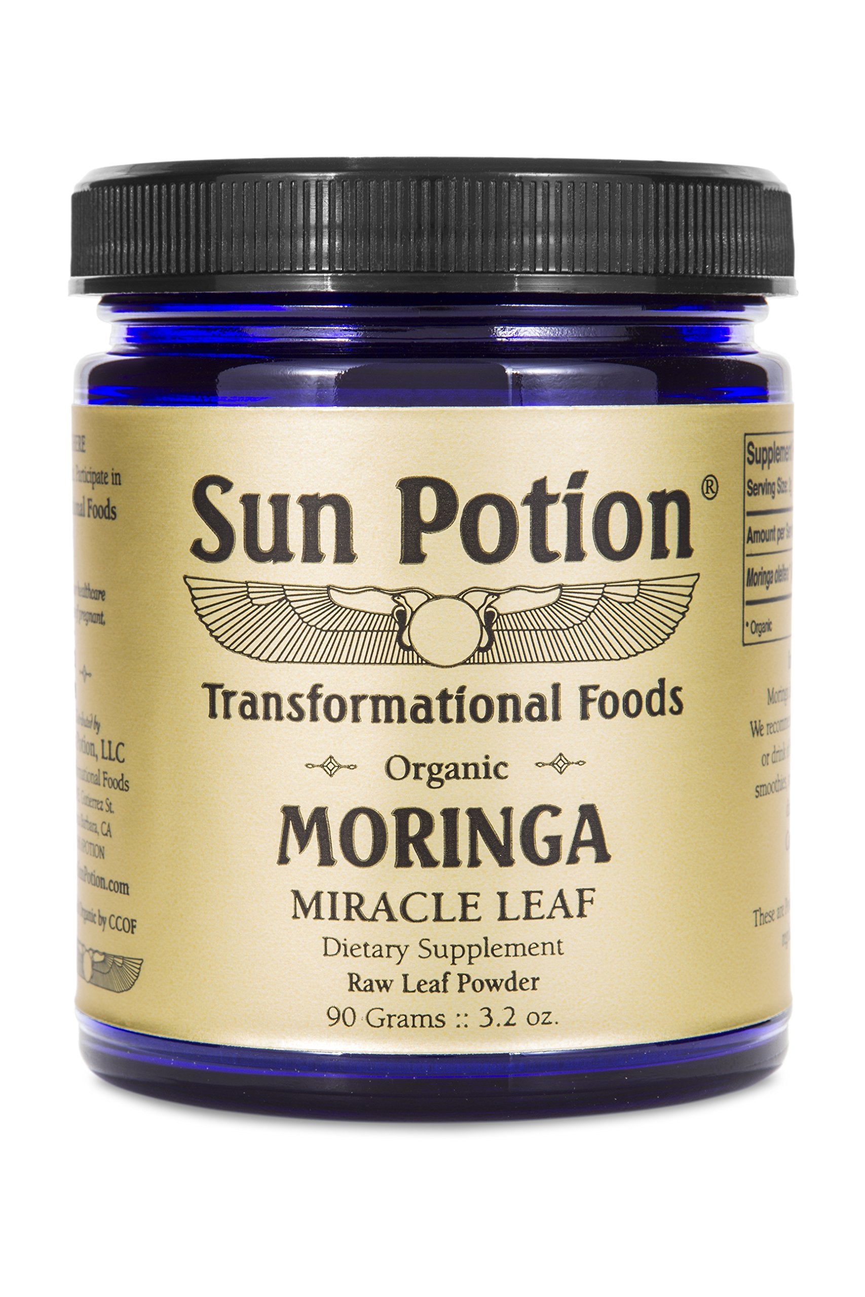 Sun Potion Moringa Leaf Powder jar front reveals vibrant powder ideal for smoothies
