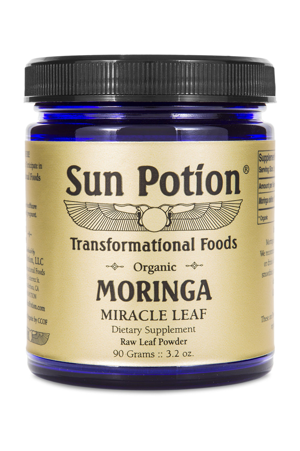 Sun Potion Moringa Leaf Powder jar front reveals vibrant powder ideal for smoothies