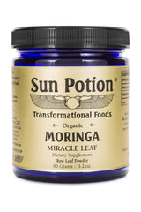 Sun Potion Moringa Leaf Powder jar front reveals vibrant powder ideal for smoothies