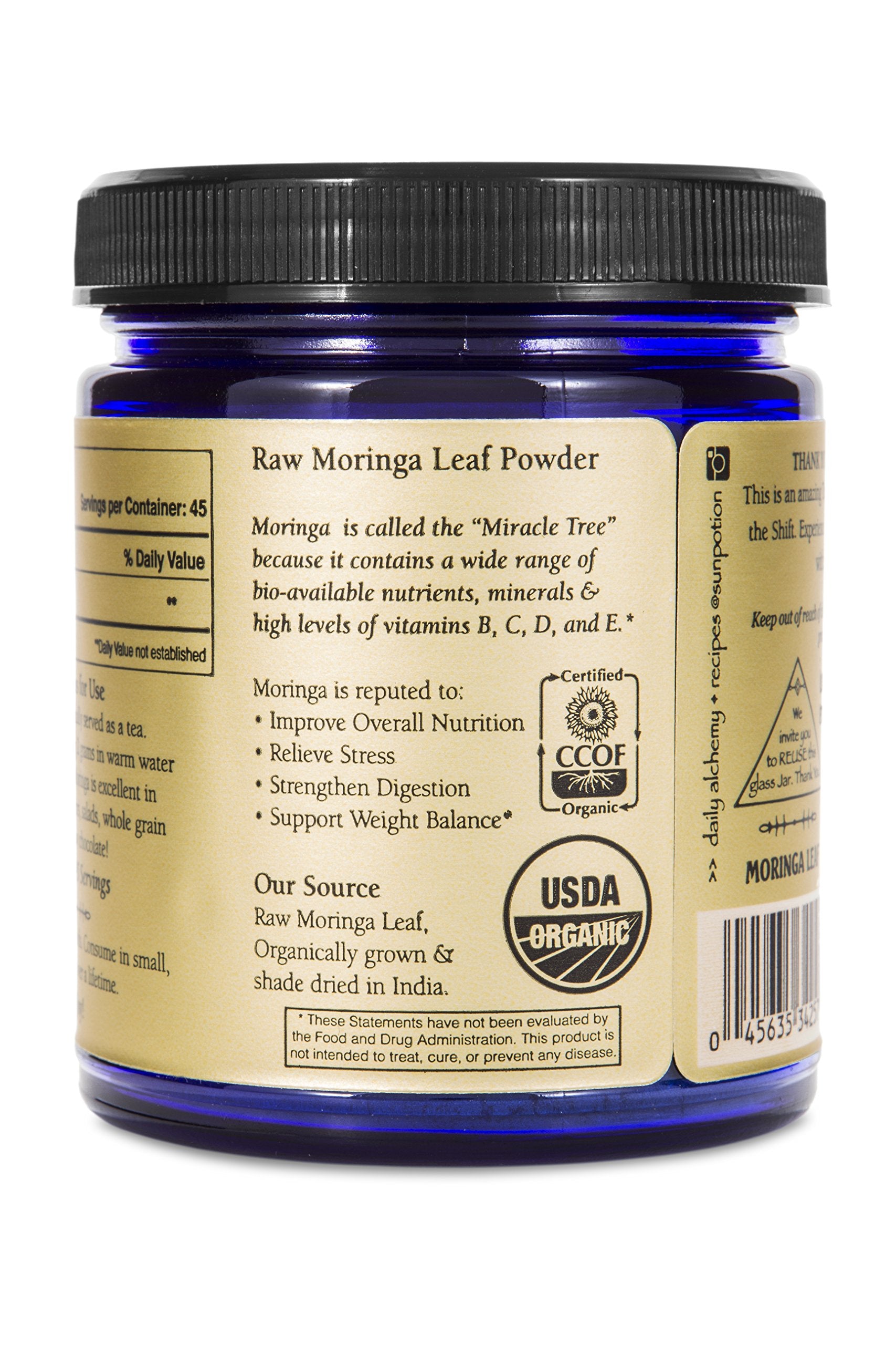 Sun Potion Moringa Leaf Powder being poured into a shaker for a nutritious sip