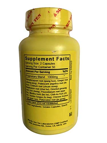 Sun Ten Ren Shen Bai Du San capsules closeup highlights the herb blend for calm focus and digestion