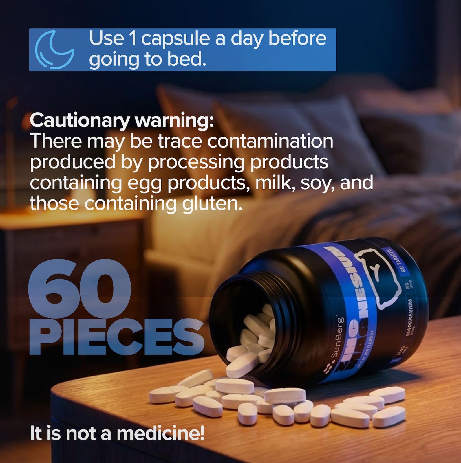 Compact Sunberg bottle demonstrates easy to take daily supplement