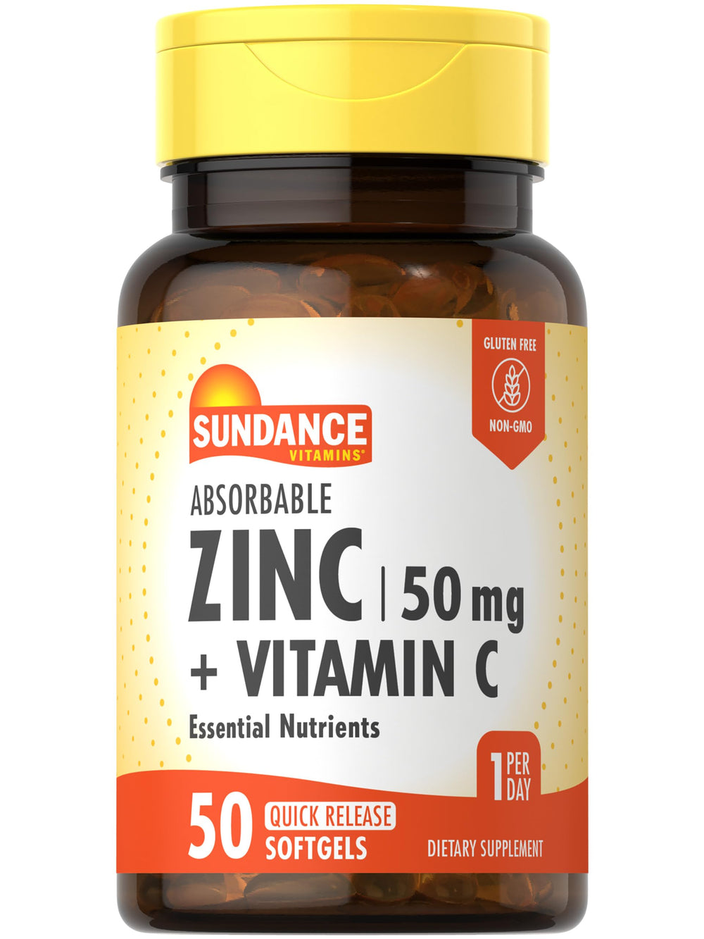 Sundance Absorbable Zinc with Vitamin C bottle front showing packaging for daily nutrients