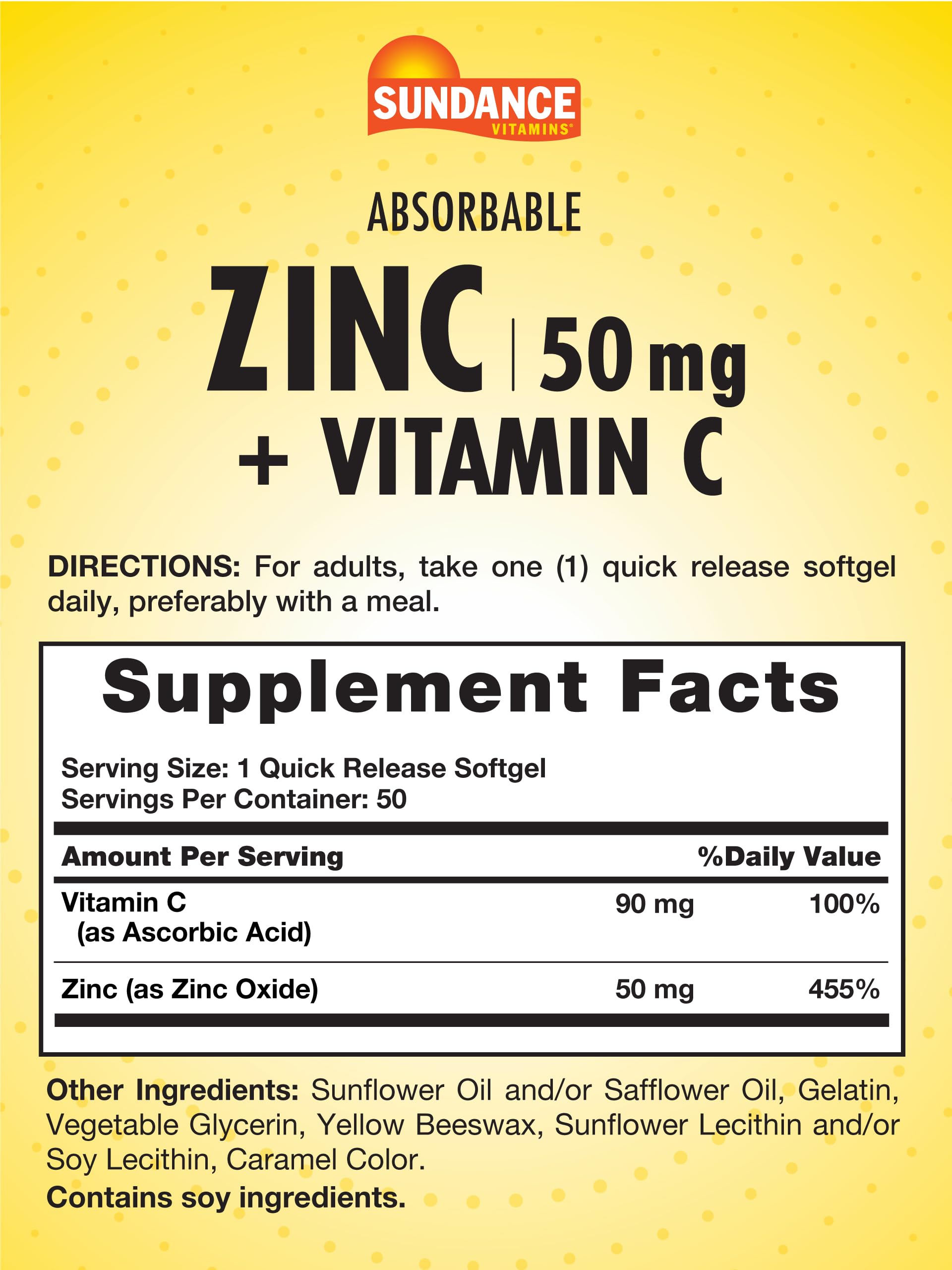 Closeup of Sundance zinc and vitamin C softgels for easy, quick-release use