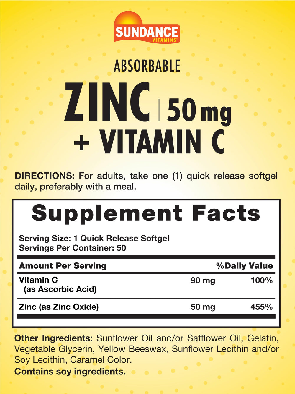 Closeup of Sundance zinc and vitamin C softgels for easy, quick-release use