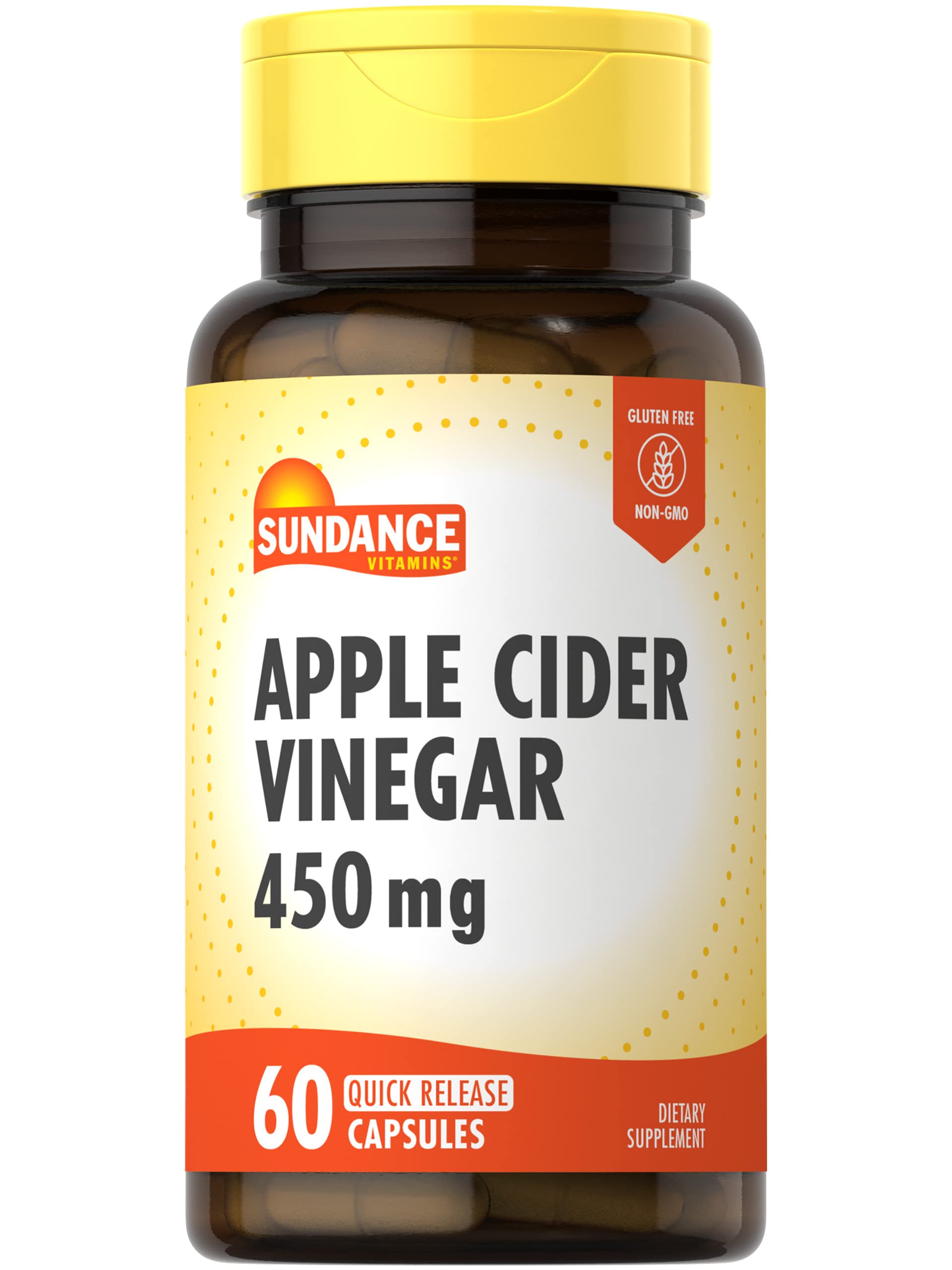 Sundance Apple Cider Vinegar Capsules bottle shows 450mg per capsule for daily support.