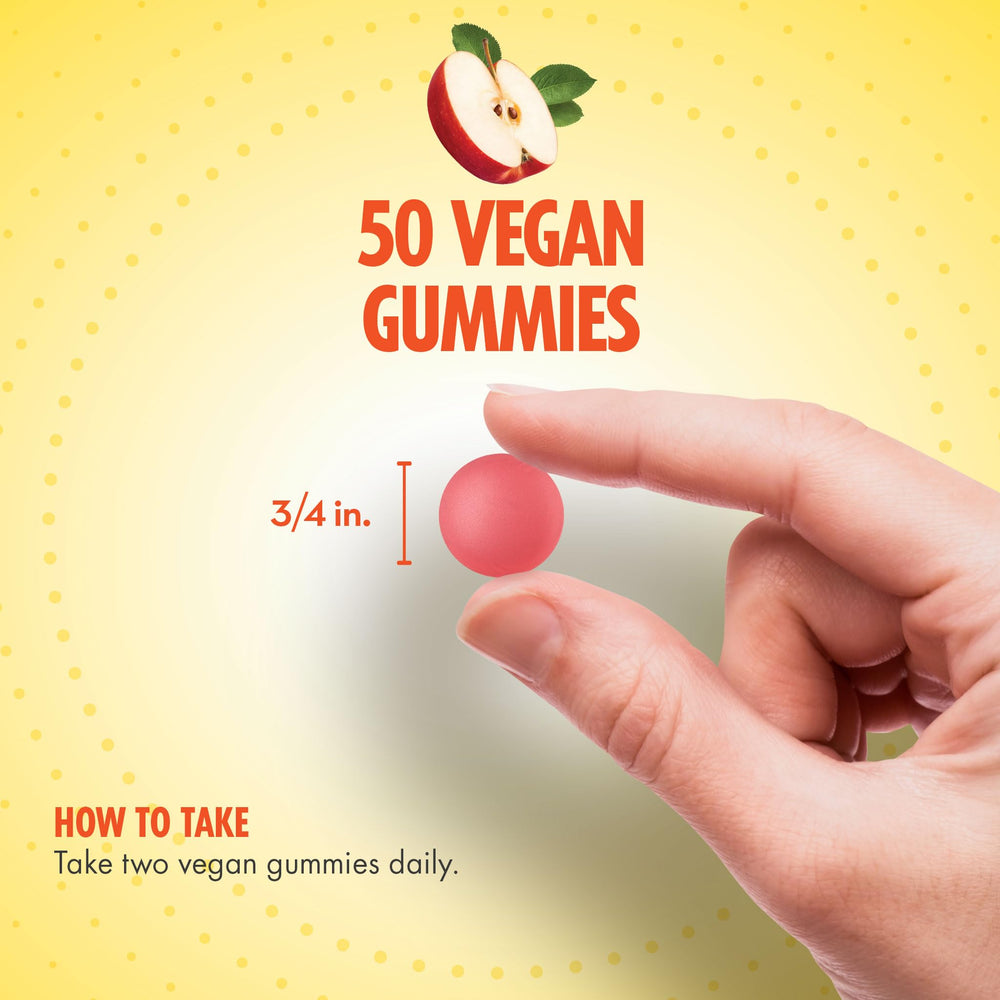Sundance Apple Cider Vinegar Gummies ingredients label close-up highlights vegan, non-GMO options.