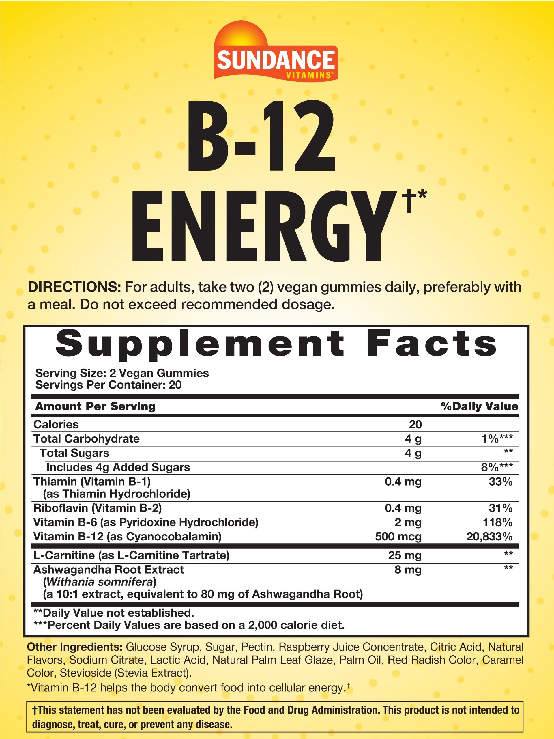 Sundance Vitamin B-12 Energy Gummies peach-raspberry close-up showing texture and flavor.