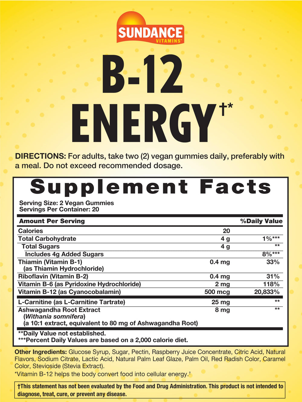 Sundance Vitamin B-12 Energy Gummies peach-raspberry close-up showing texture and flavor.