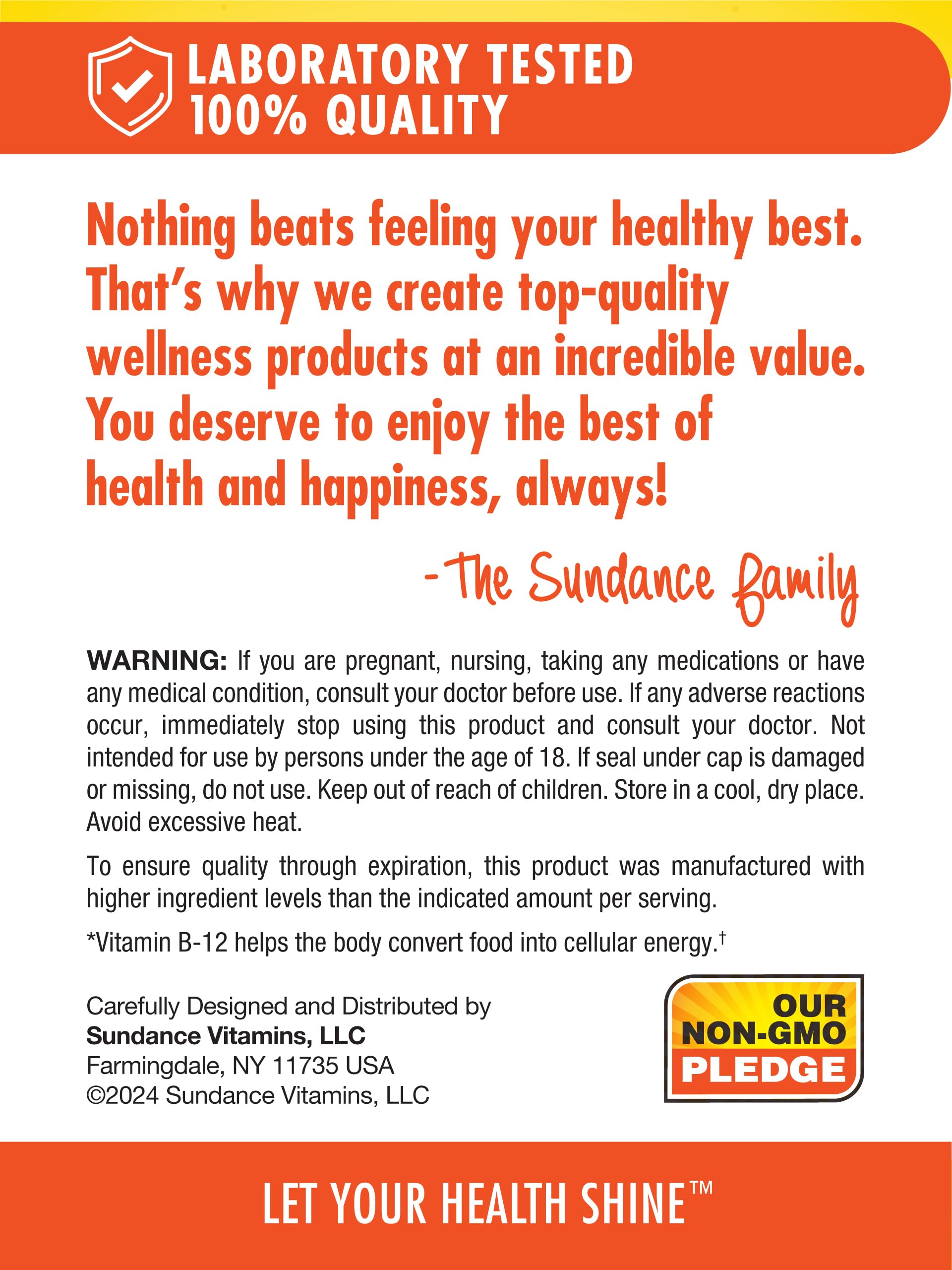 Sundance Vitamin B-12 Energy Gummies serving card showing 40-count bottle.