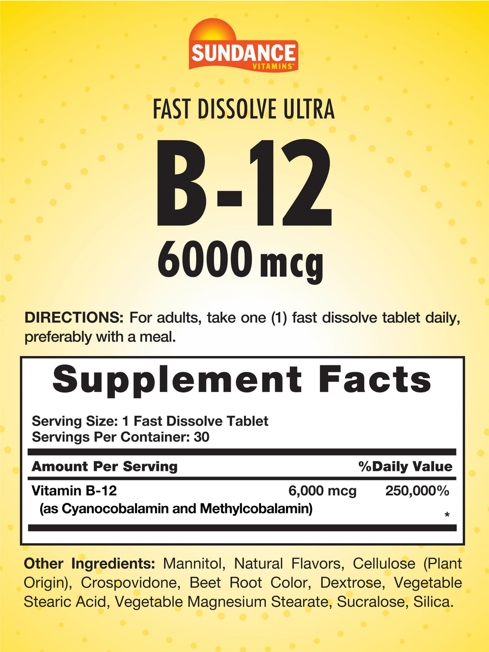 Close-up of Sundance B-12 fast-dissolve tablet dissolving, berry flavor