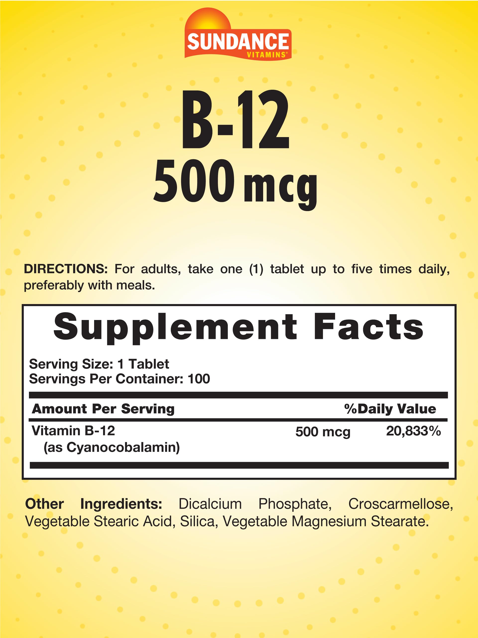 Close-up of Sundance Vitamin B-12 tablet highlighting vegetarian formula.