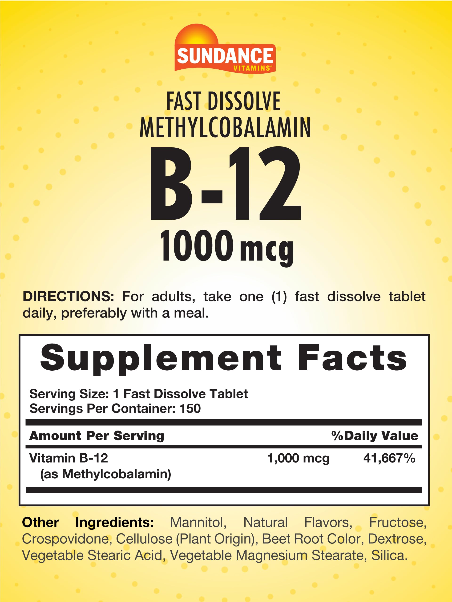 Sundance B-12 tablet-dissolve highlights fast-dissolving action with berry flavor.