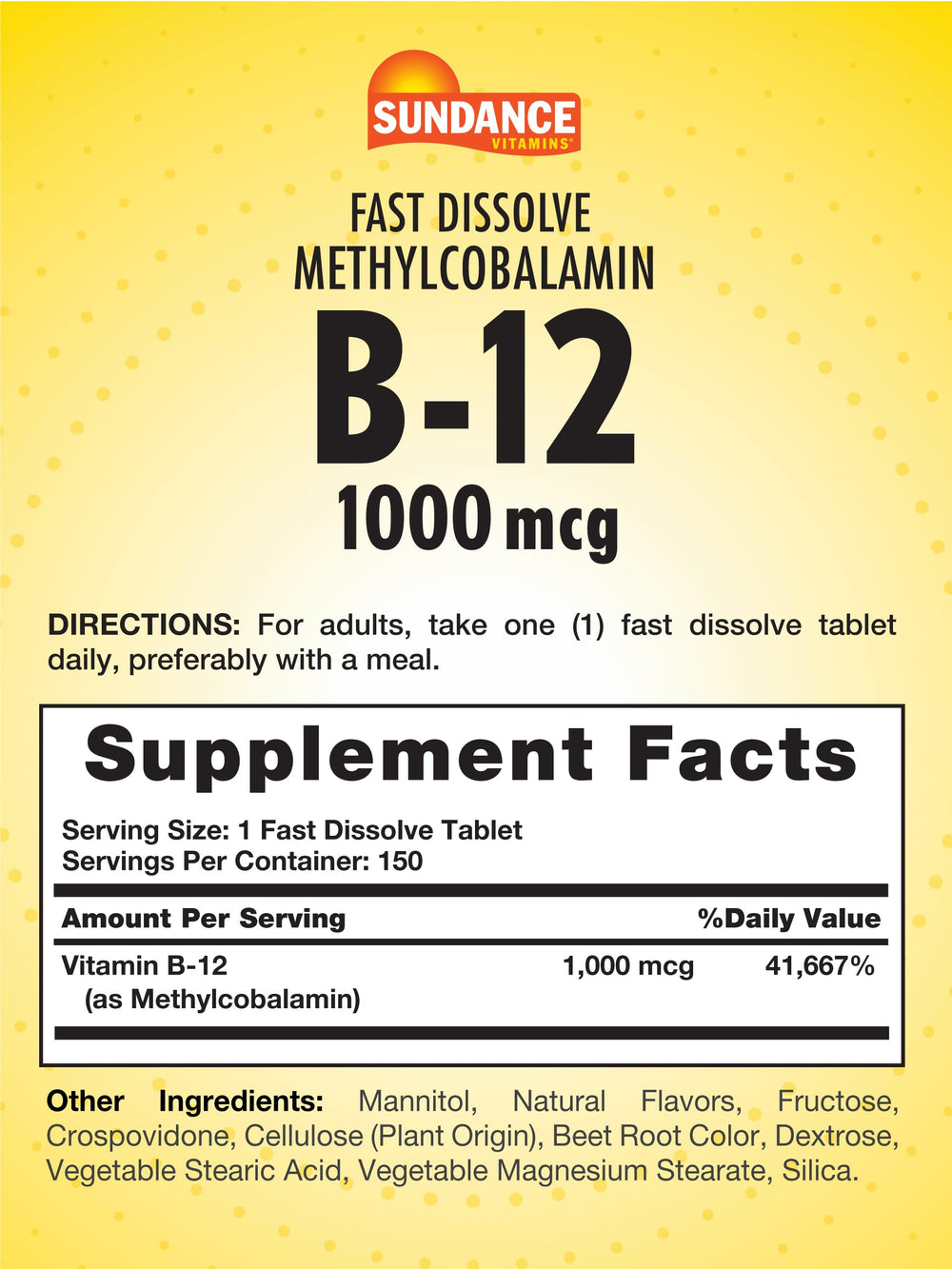 Sundance B-12 tablet-dissolve highlights fast-dissolving action with berry flavor.
