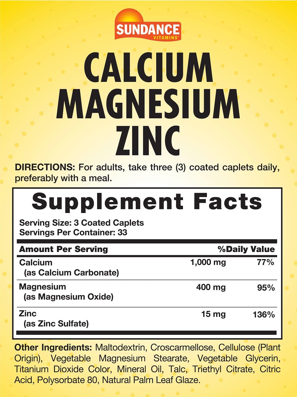 Sundance calcium magnesium zinc caplets close-up highlighting easy-to-swallow coated caplets.