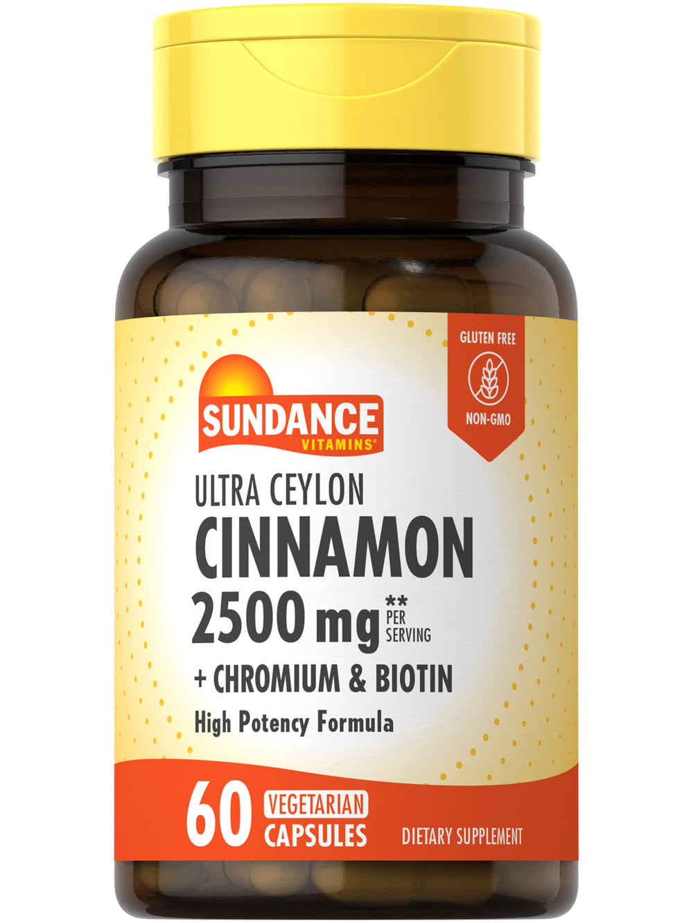 Sundance Ceylon Cinnamon capsules bottle highlights a gluten-free, vegetarian supplement option.