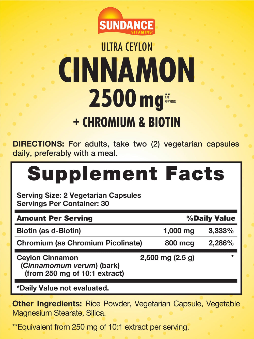 Sundance Ceylon Cinnamon capsules closeup shows easy-to-swallow veggie capsules for daily use.