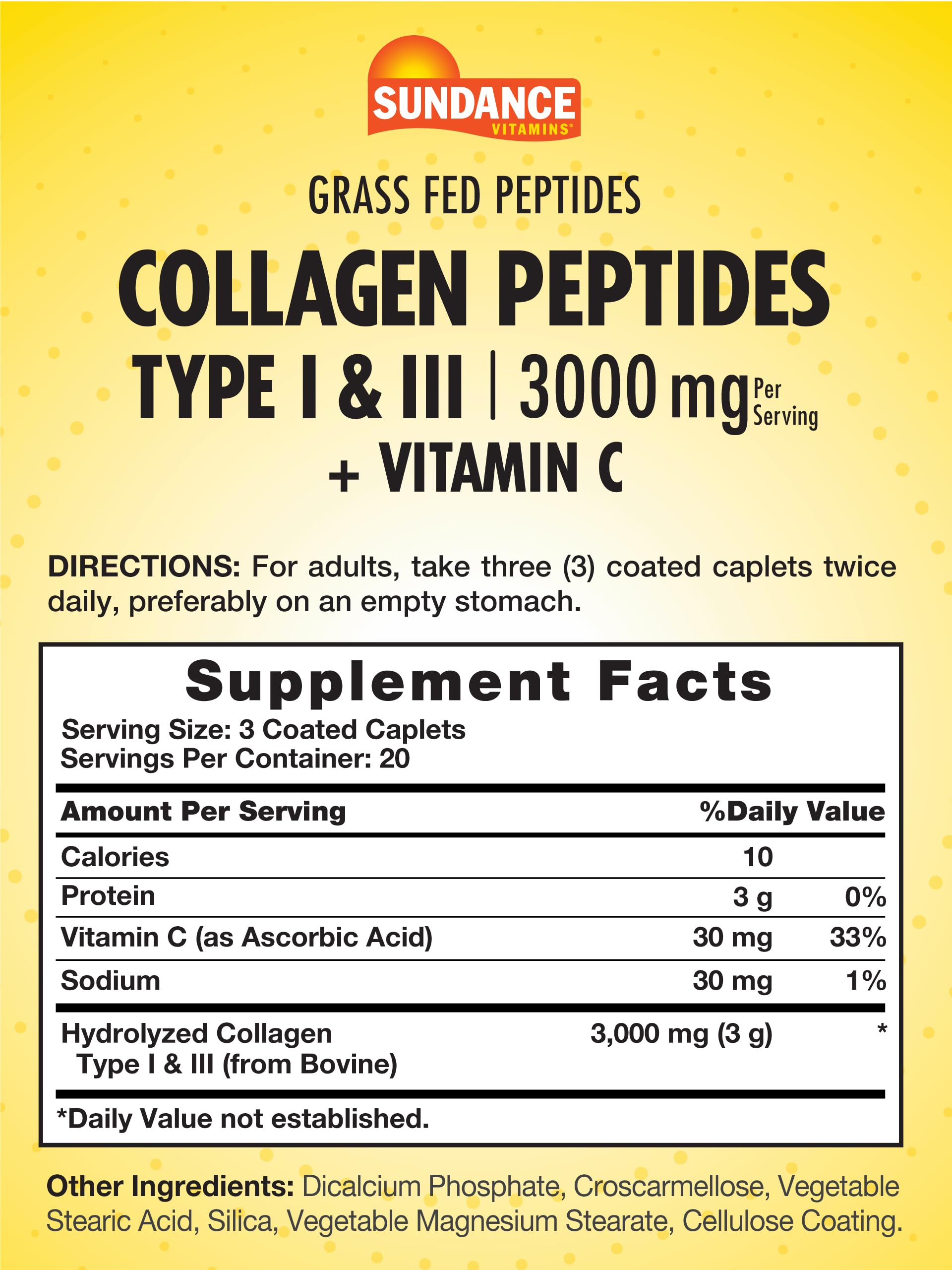 Sundance collagen caplets close-up: 3,000 mg per serving for daily use.