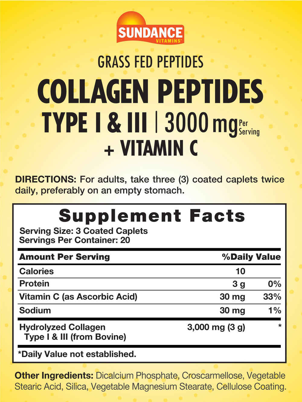 Sundance collagen caplets close-up: 3,000 mg per serving for daily use.