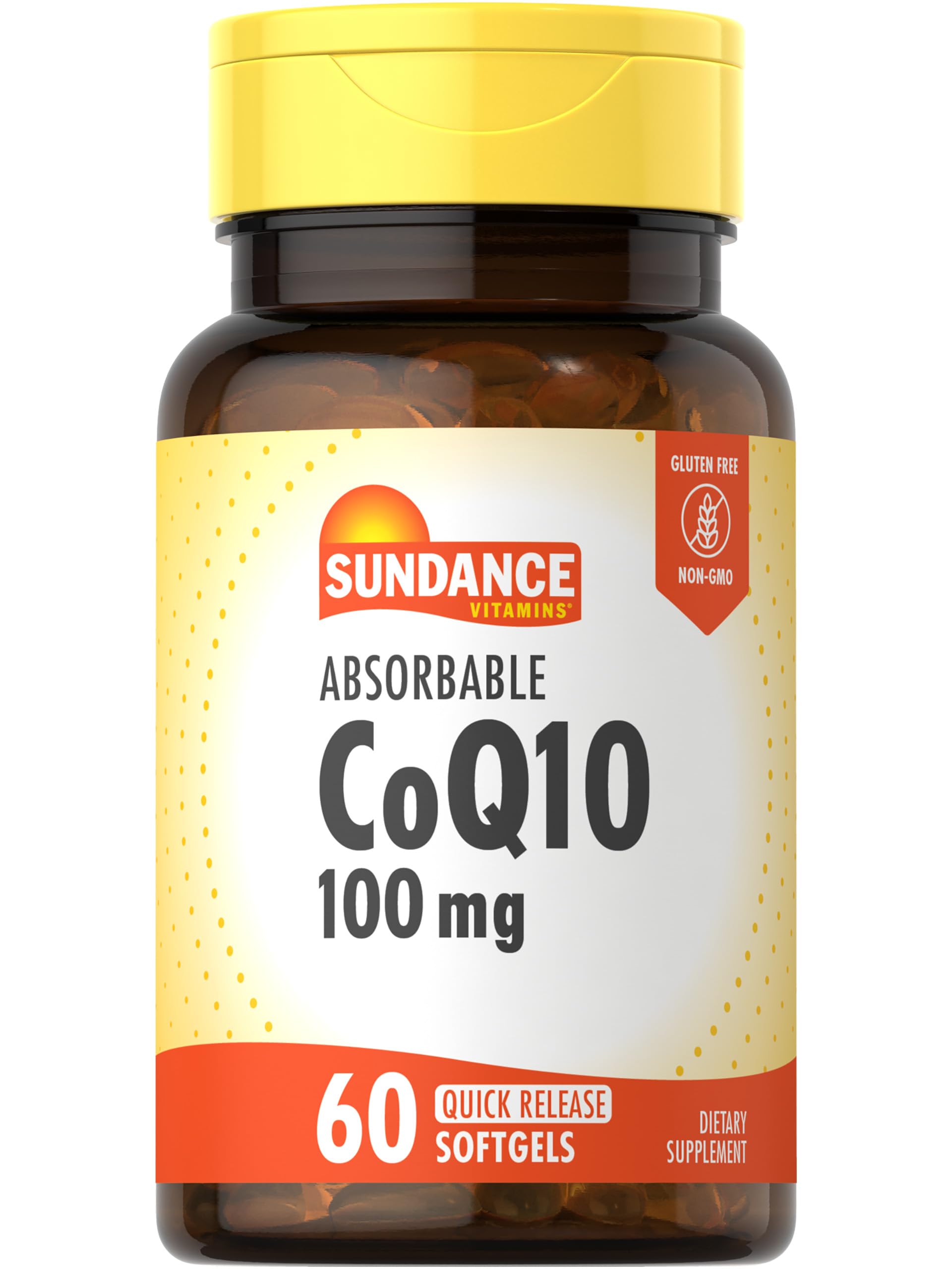 Sundance CoQ10 100mg softgel bottle showing per softgel dosage for easy daily use.