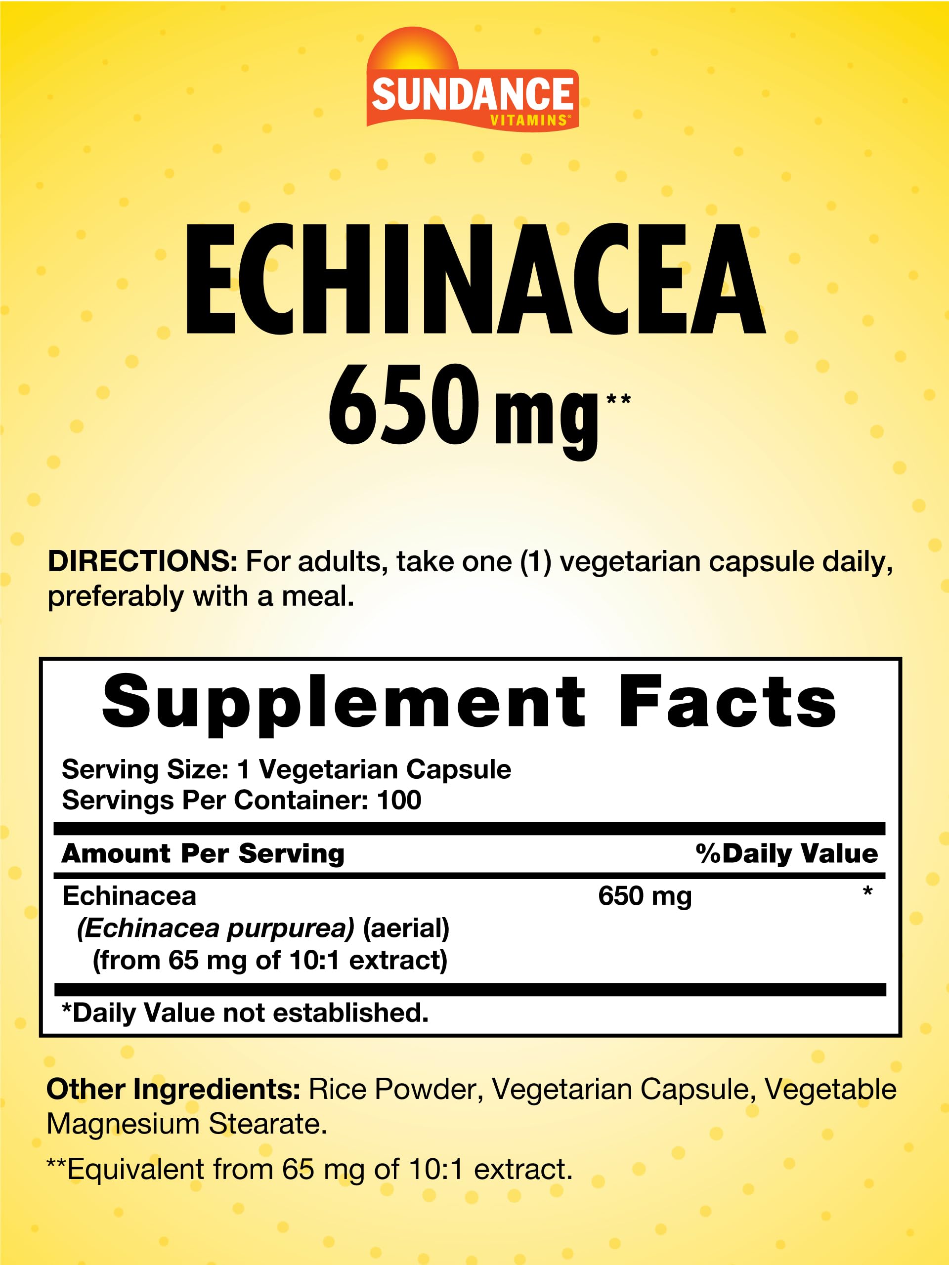 Sundance Echinacea 650mg capsules close-up highlights vegetarian formula