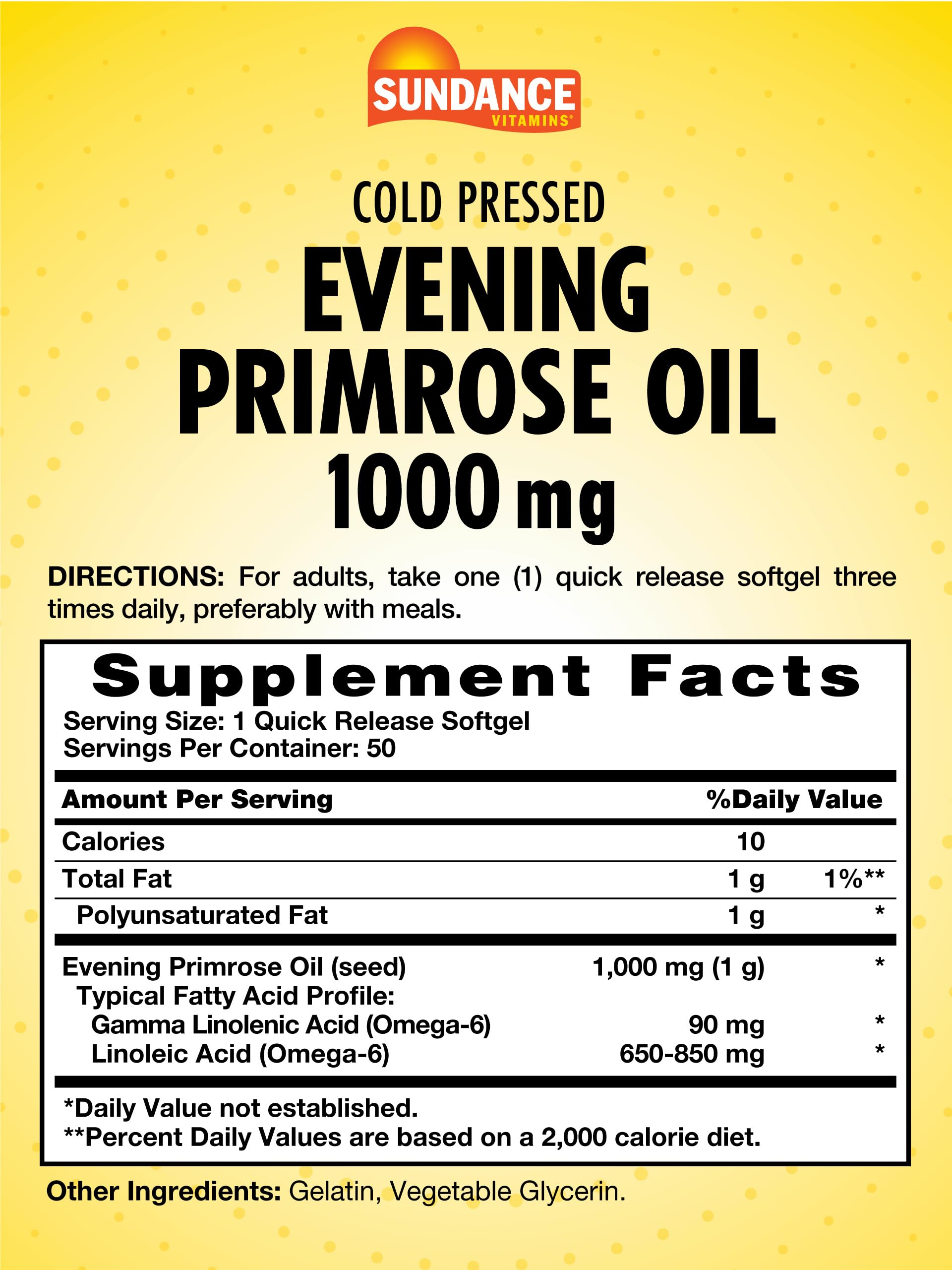Sundance Evening Primrose Oil bottle with label highlights non-GMO and gluten-free formula