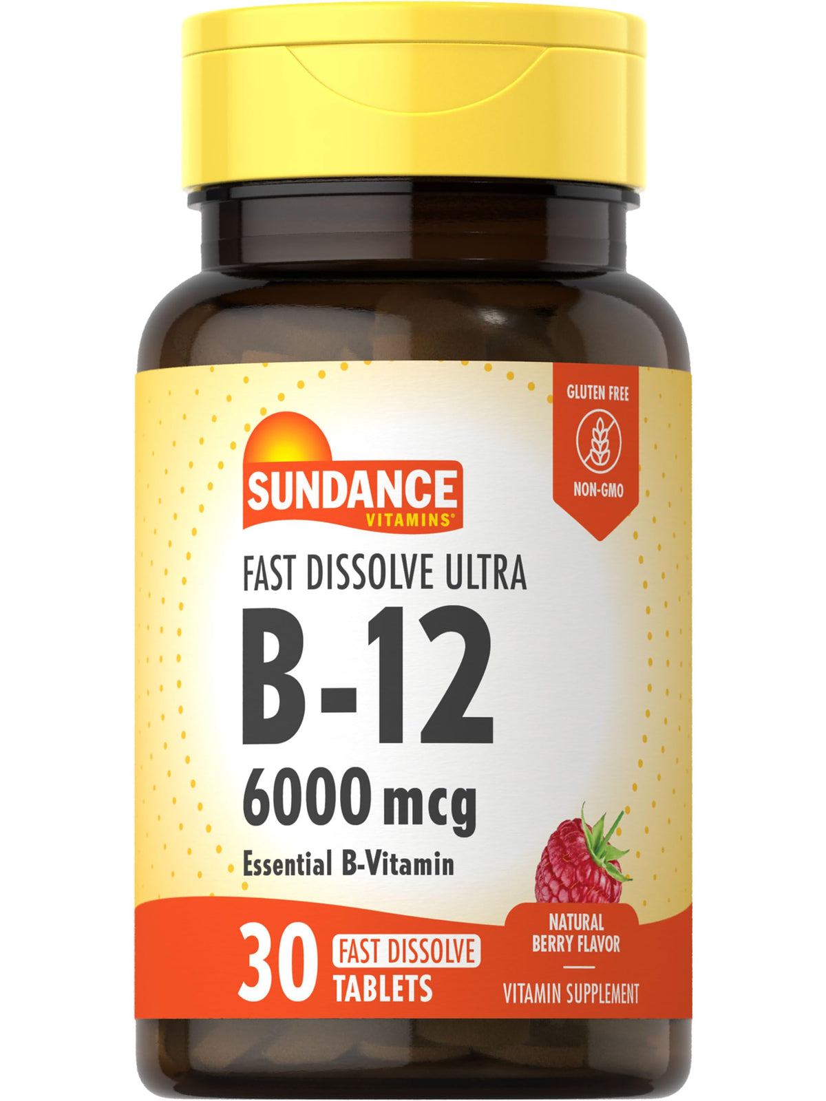 Sundance fast-dissolve B-12 berry tablet on bottle showing 6000 mcg per serving