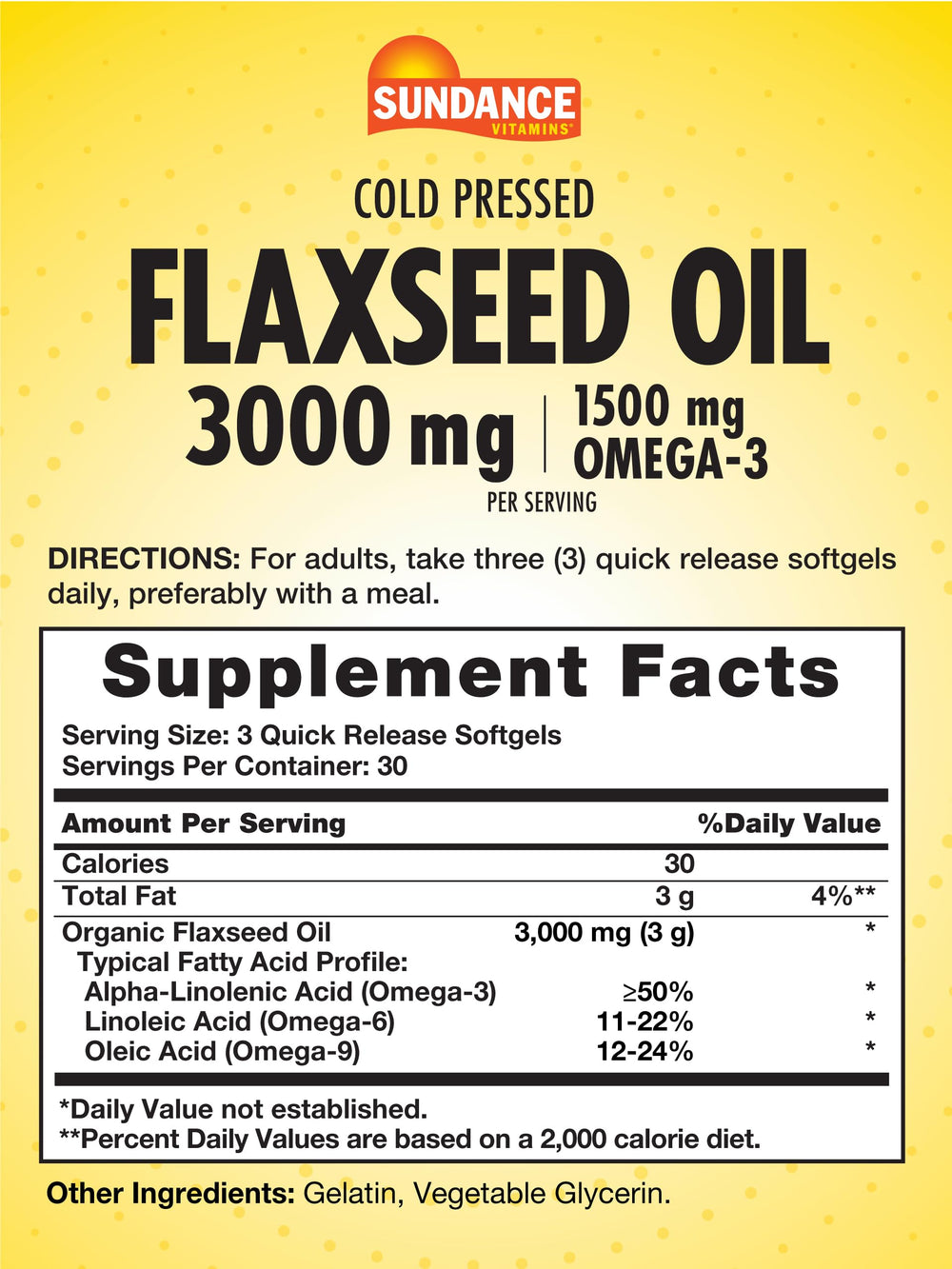 Sundance Flaxseed Oil 3000mg softgels front label highlights non-GMO and gluten free.