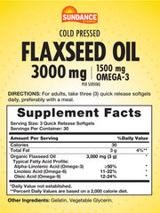 Sundance Flaxseed Oil 3000mg softgels front label highlights non-GMO and gluten free.