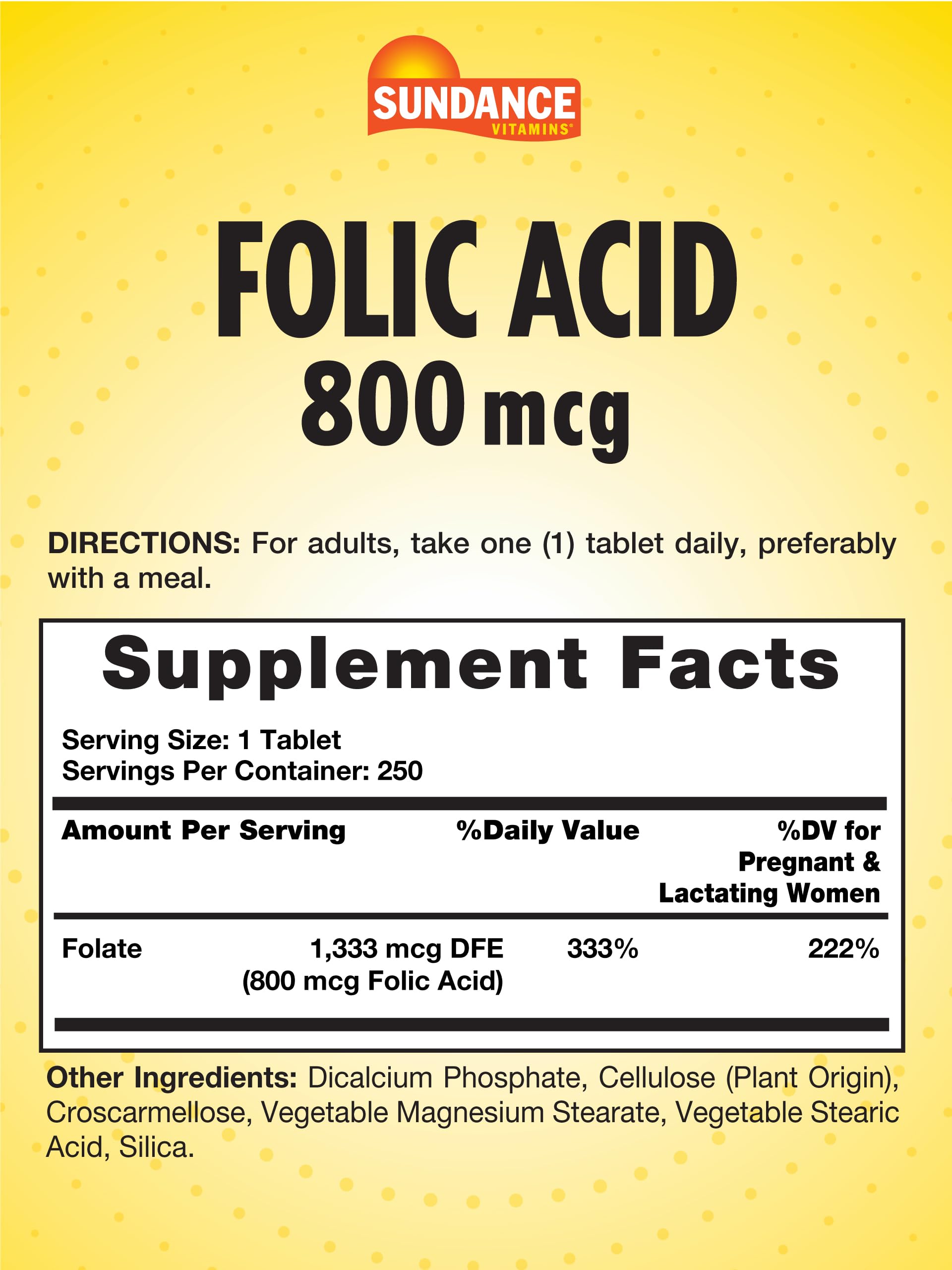 Sundance Folic Acid 800 mcg bottle label clearly shows essential B vitamin.