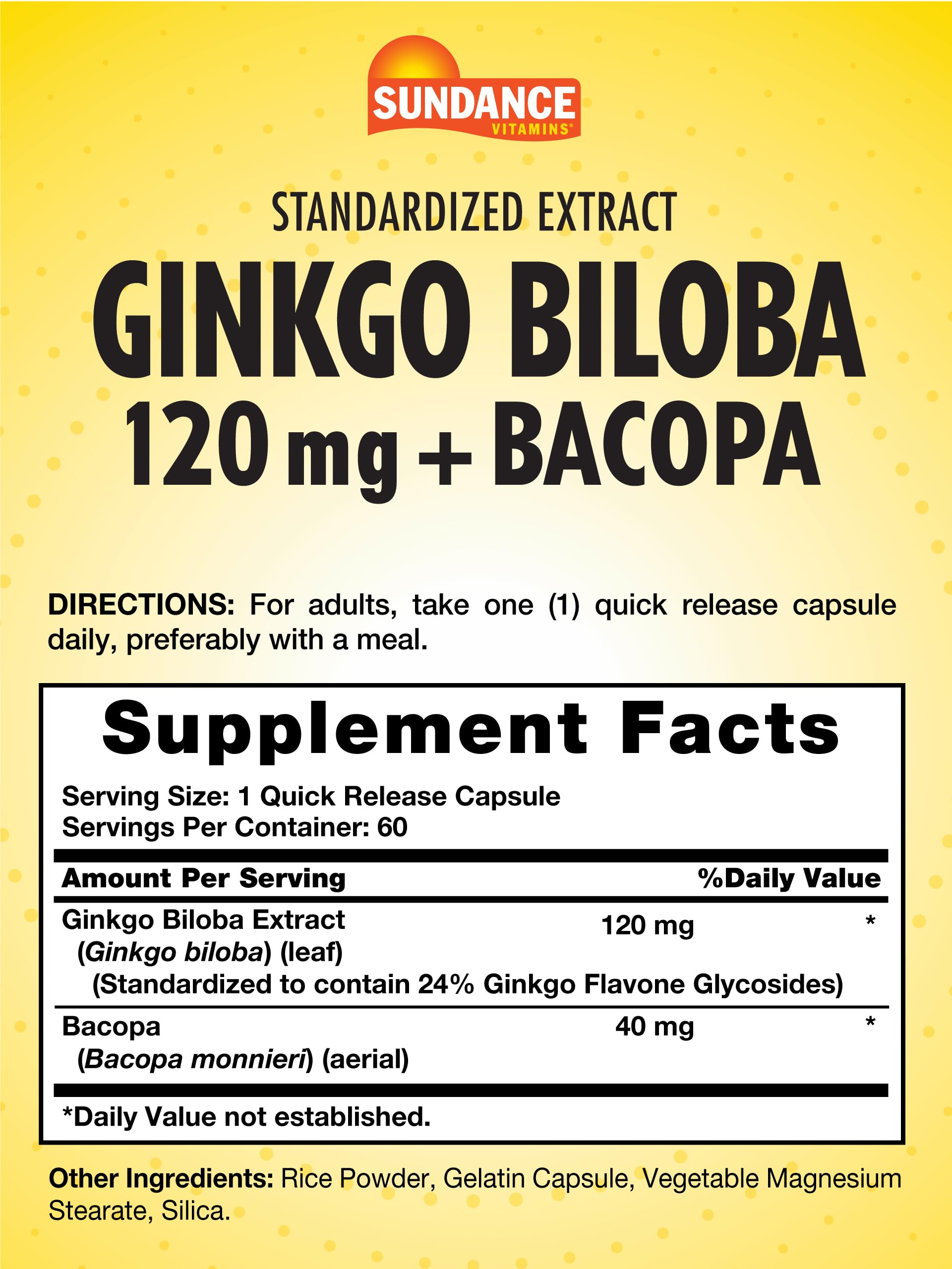 Close-up of Sundance Ginkgo Biloba bottle showing 120 mg per capsule for daily use.