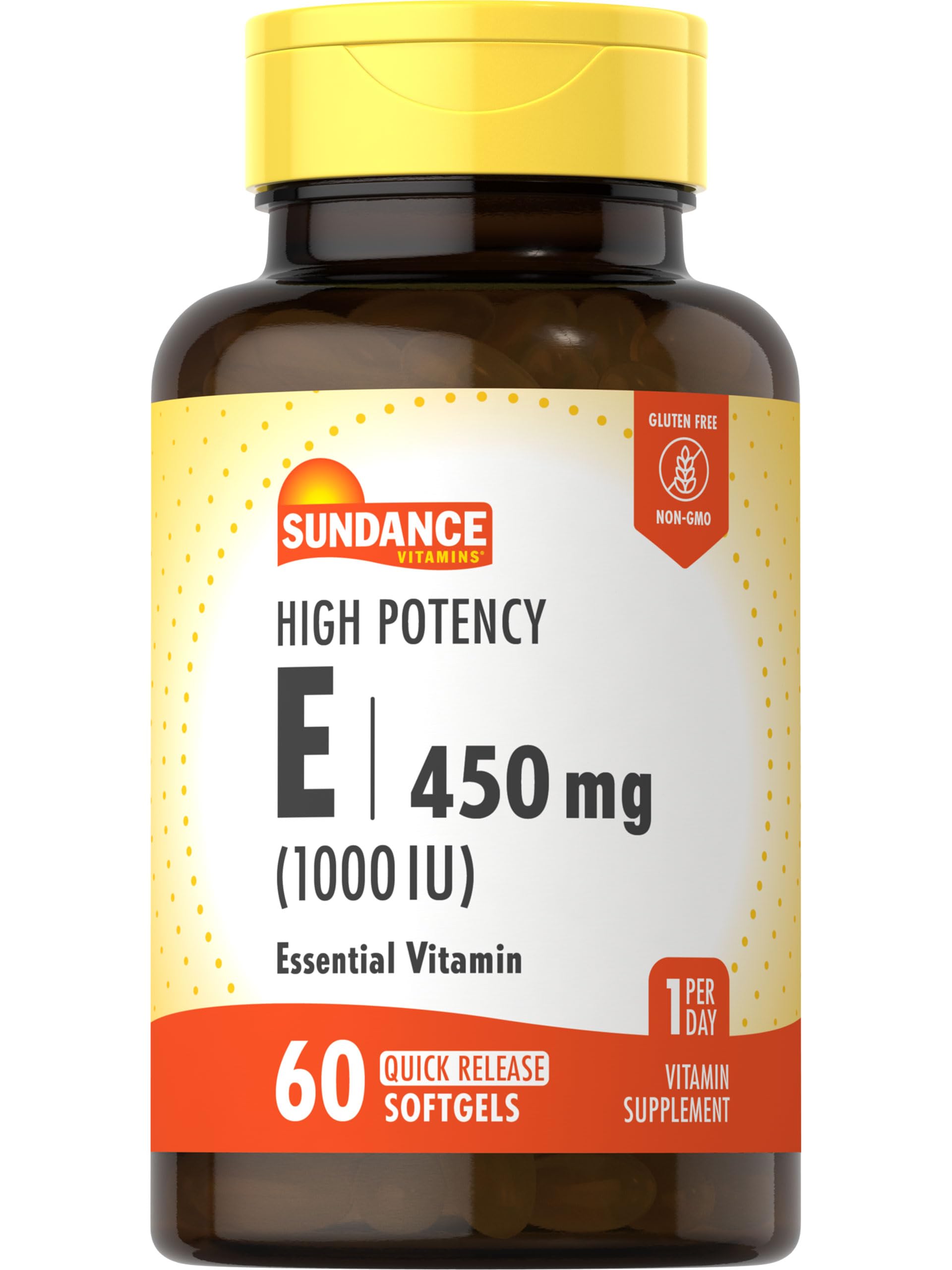 Sundance High Potency Vitamin E bottle front showing daily dosage.