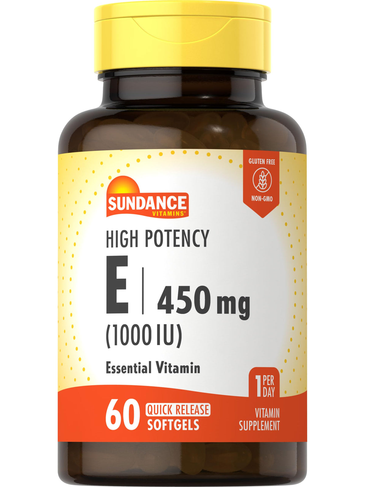 Sundance High Potency Vitamin E bottle front showing daily dosage.