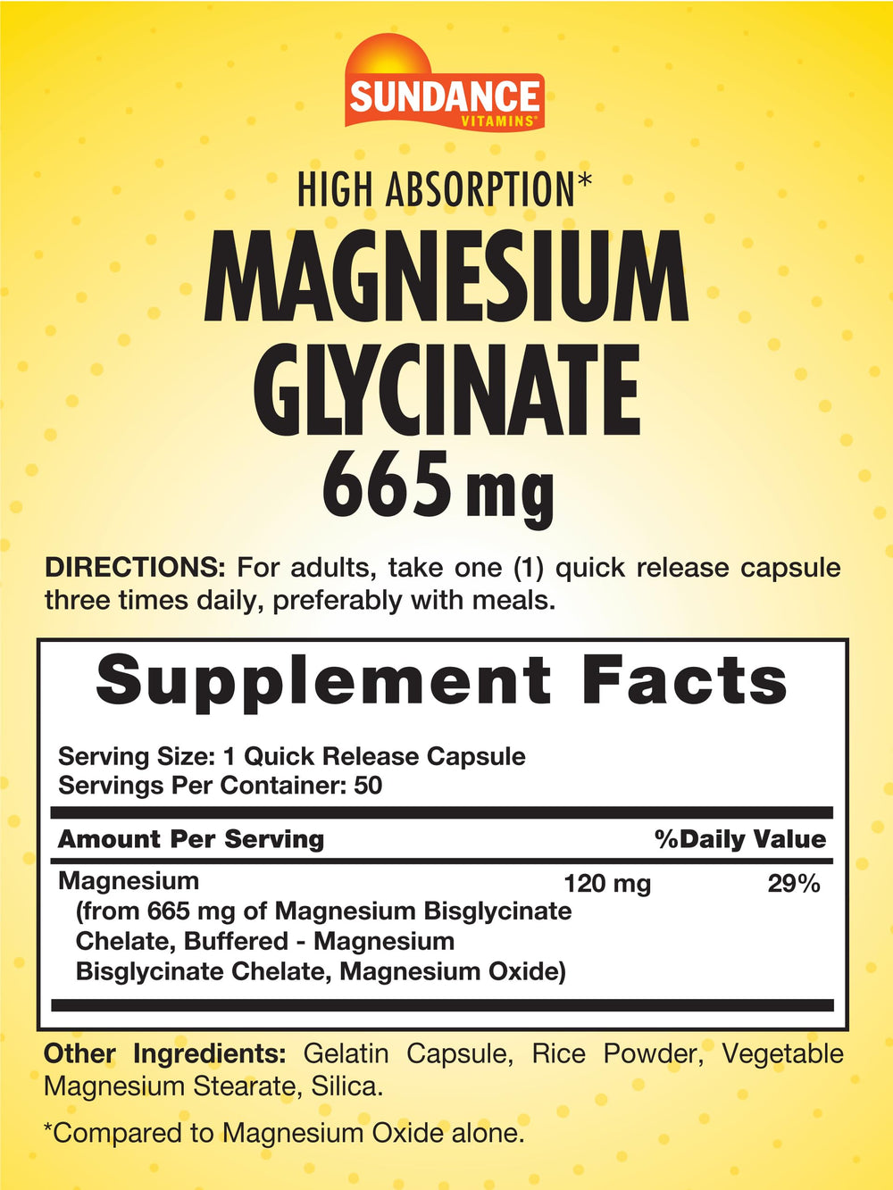 Sundance Magnesium Glycinate capsules label highlighting non-GMO and gluten-free formulation