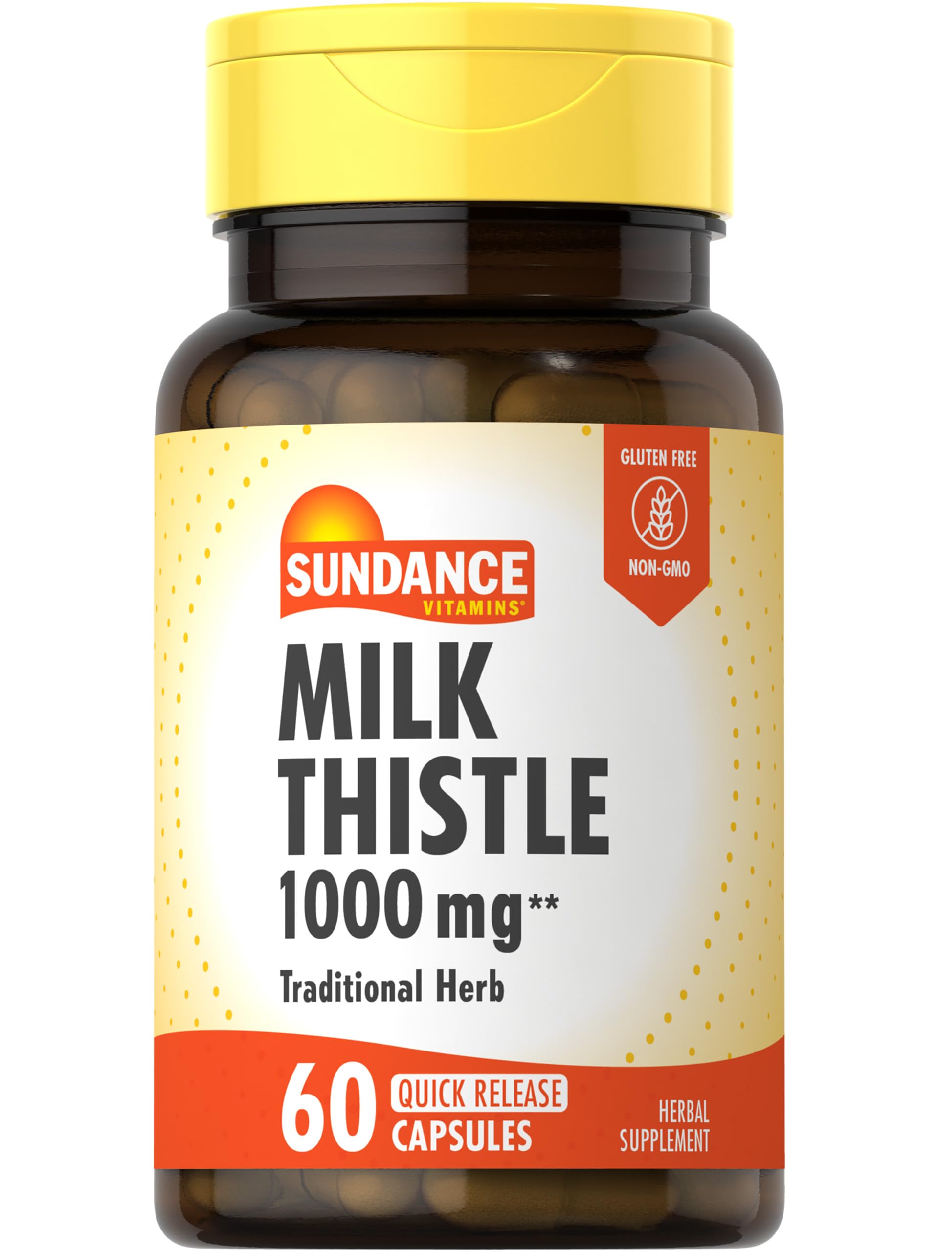 Sundance Milk Thistle bottle front view showing 60 quick-release capsules for daily use.