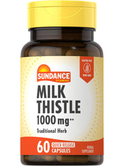 Sundance Milk Thistle bottle front view showing 60 quick-release capsules for daily use.
