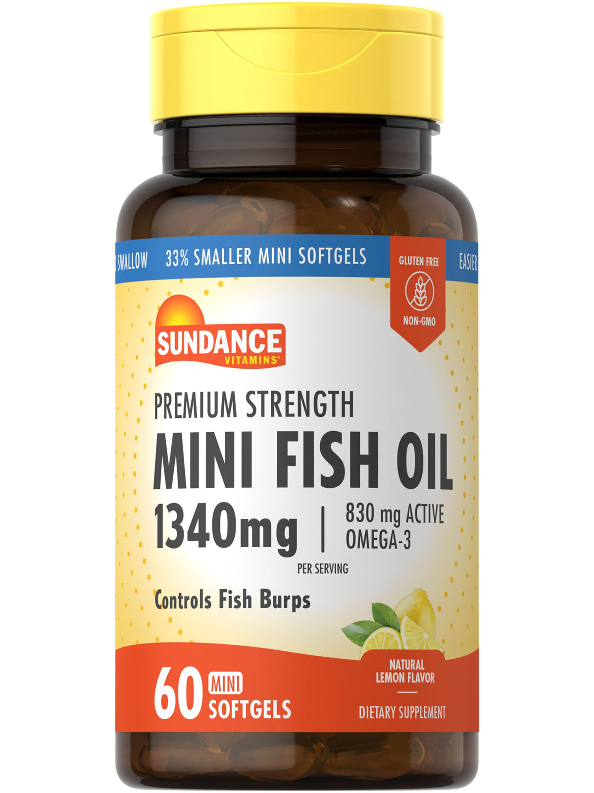 Sundance mini fish oil bottle showing 60-count supply for daily omega support.