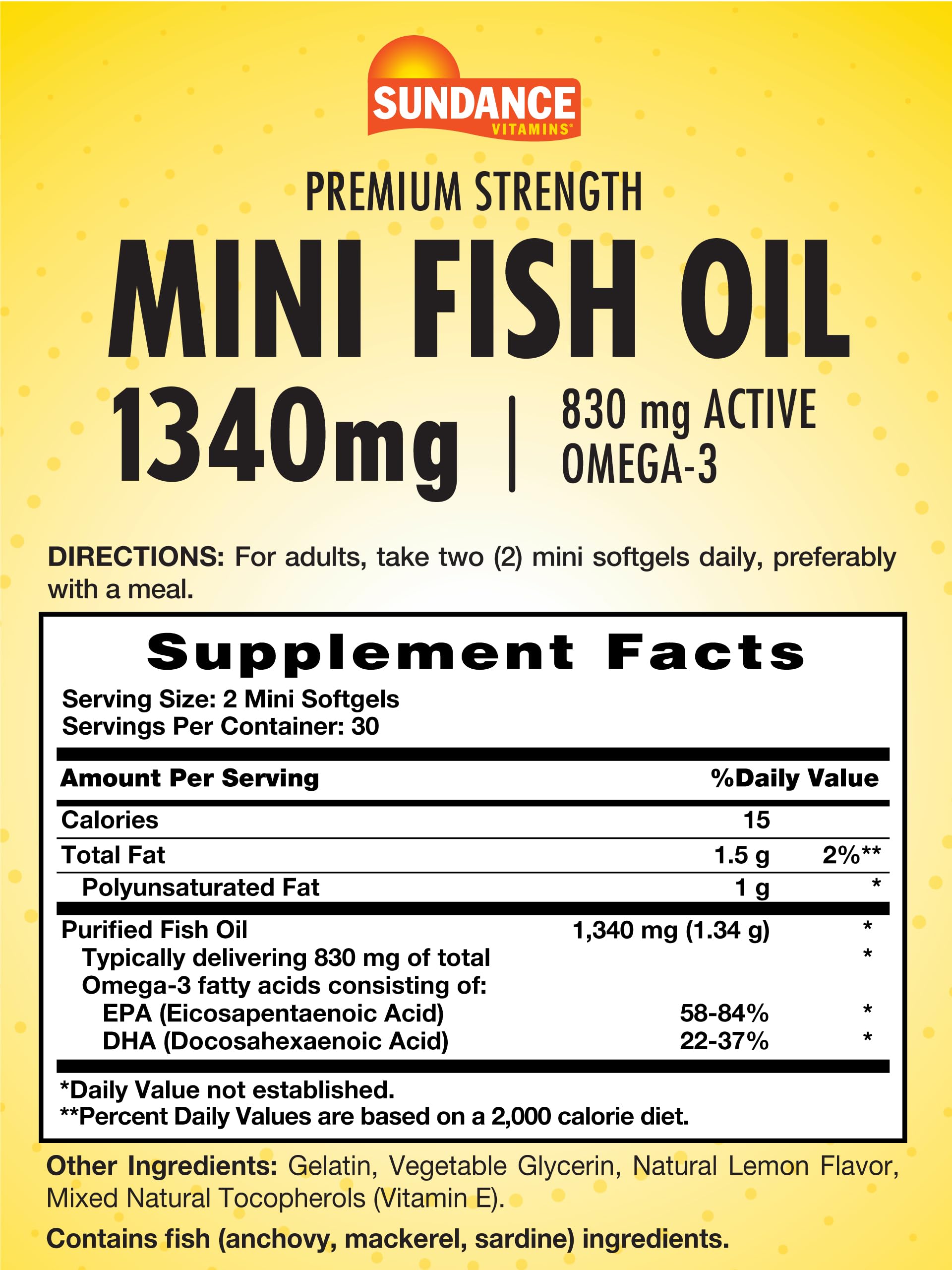 Sundance mini fish oil softgels closeup highlighting easy-to-swallow capsules.